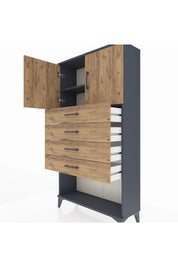 Arges Dolap 2 Raflı 4 Çekmeceli 2 Kapaklı 88x30x163 Antrasit-Çam