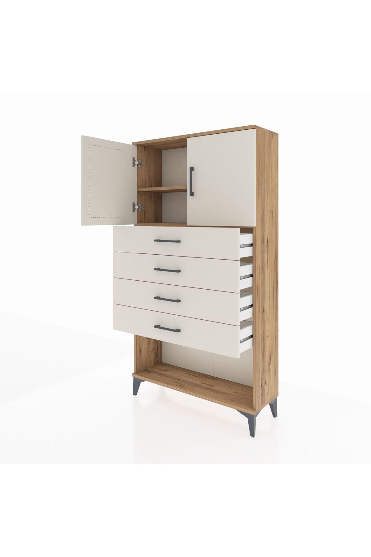 Arges Dolap 2 Raflı 4 Çekmeceli 2 Kapaklı 88x30x163 Çam-Aytaşı