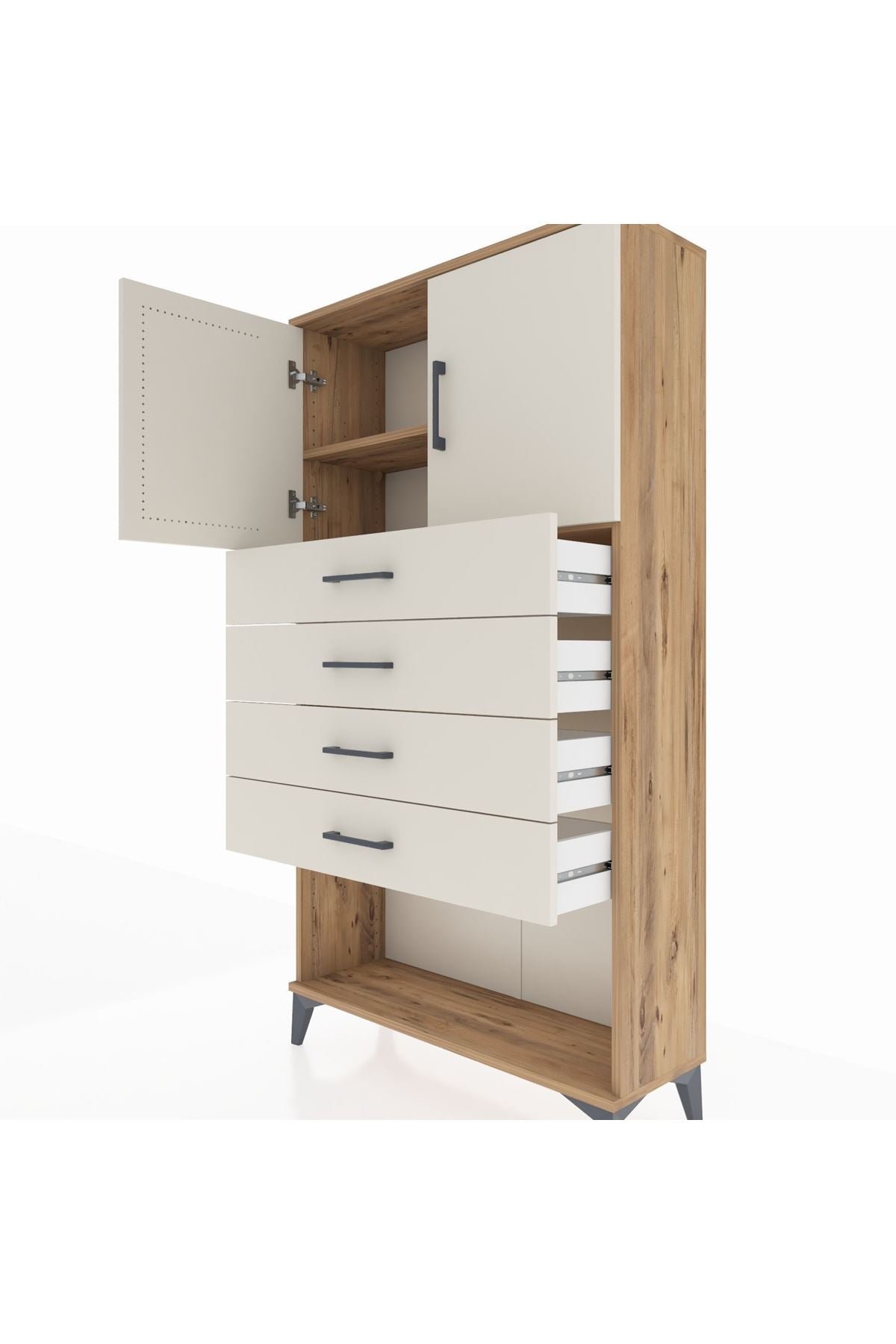 Arges Dolap 2 Raflı 4 Çekmeceli 2 Kapaklı 88x30x163 Çam-Aytaşı