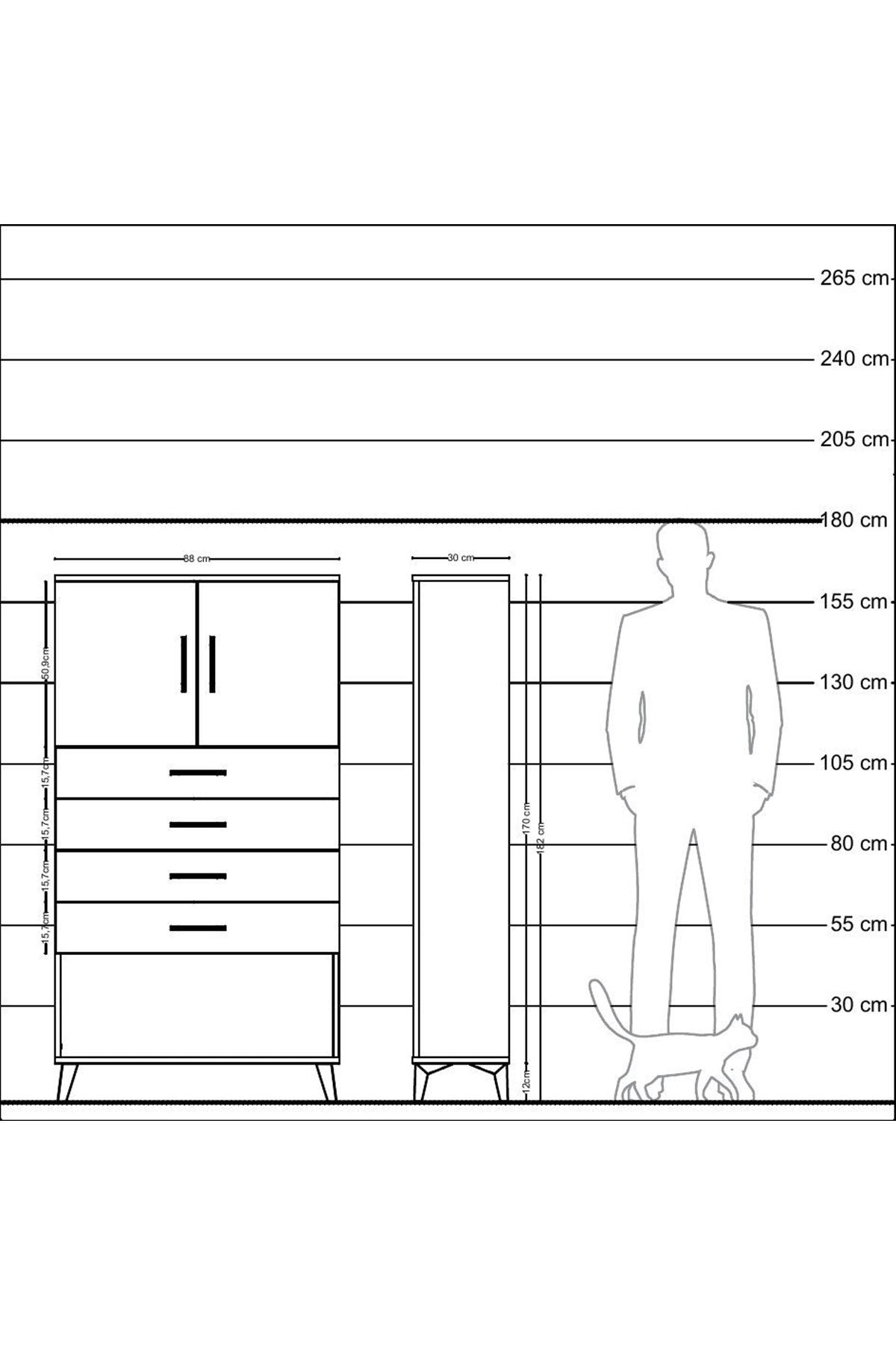 Arges Dolap 2 Raflı 4 Çekmeceli 2 Kapaklı 88x30x163 Çam-Antrasit