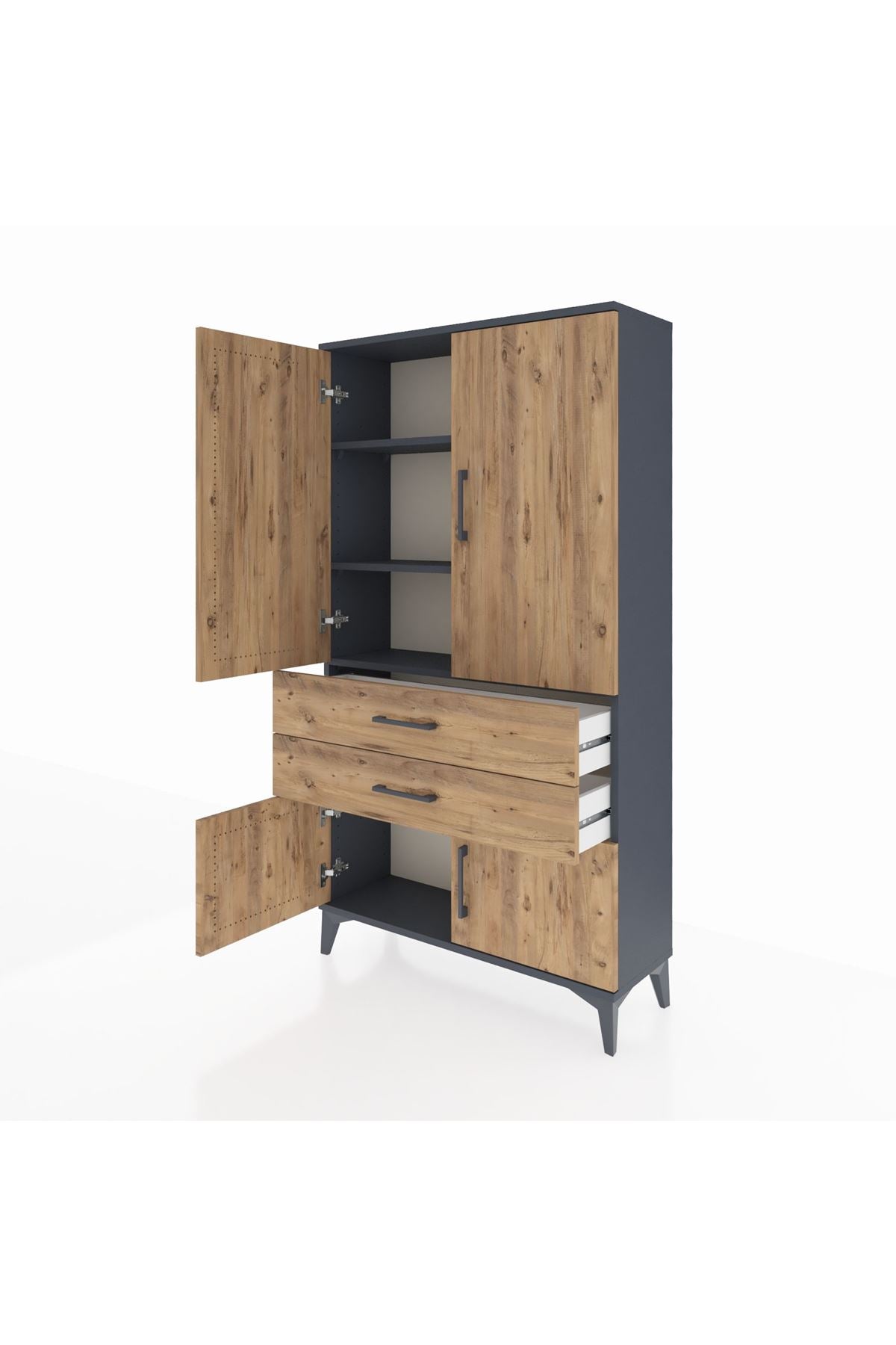 Arges Dolap 3 Raflı 2 Çekmeceli 4 Kapaklı 88x30x163 Antrasit-Çam