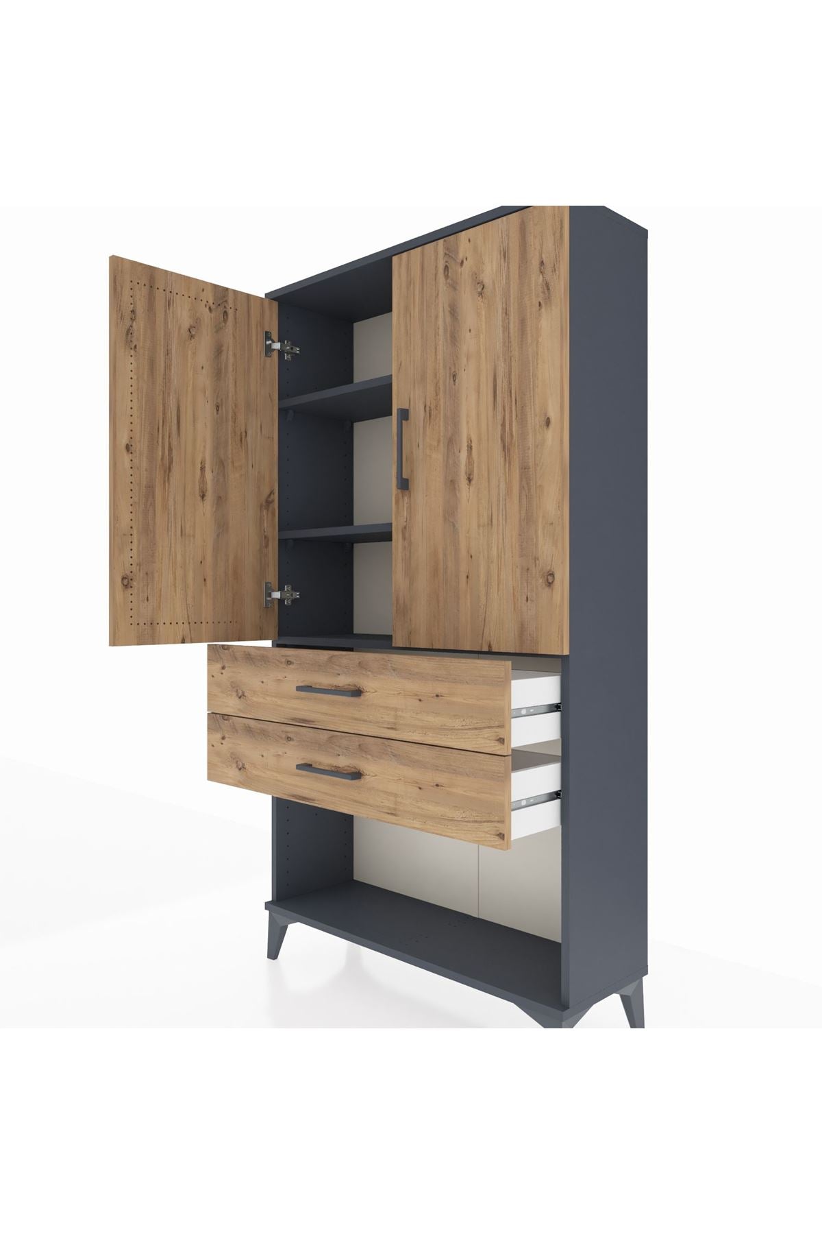 Arges Dolap 3 Raflı 2 Çekmeceli 2 Kapaklı 88x30x163 Antrasit-Çam