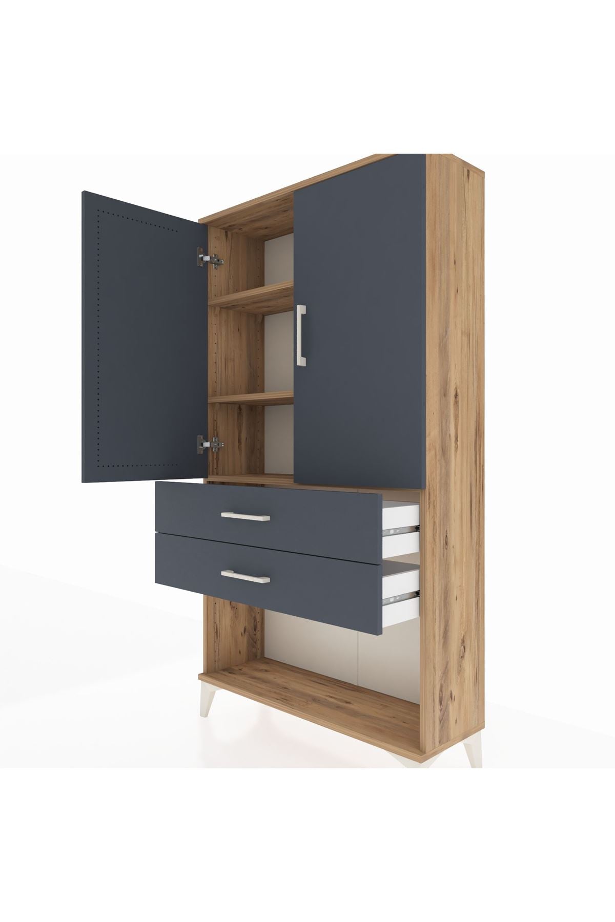 Arges Dolap 3 Raflı 2 Çekmeceli 2 Kapaklı 88x30x163 Çam-Antrasit