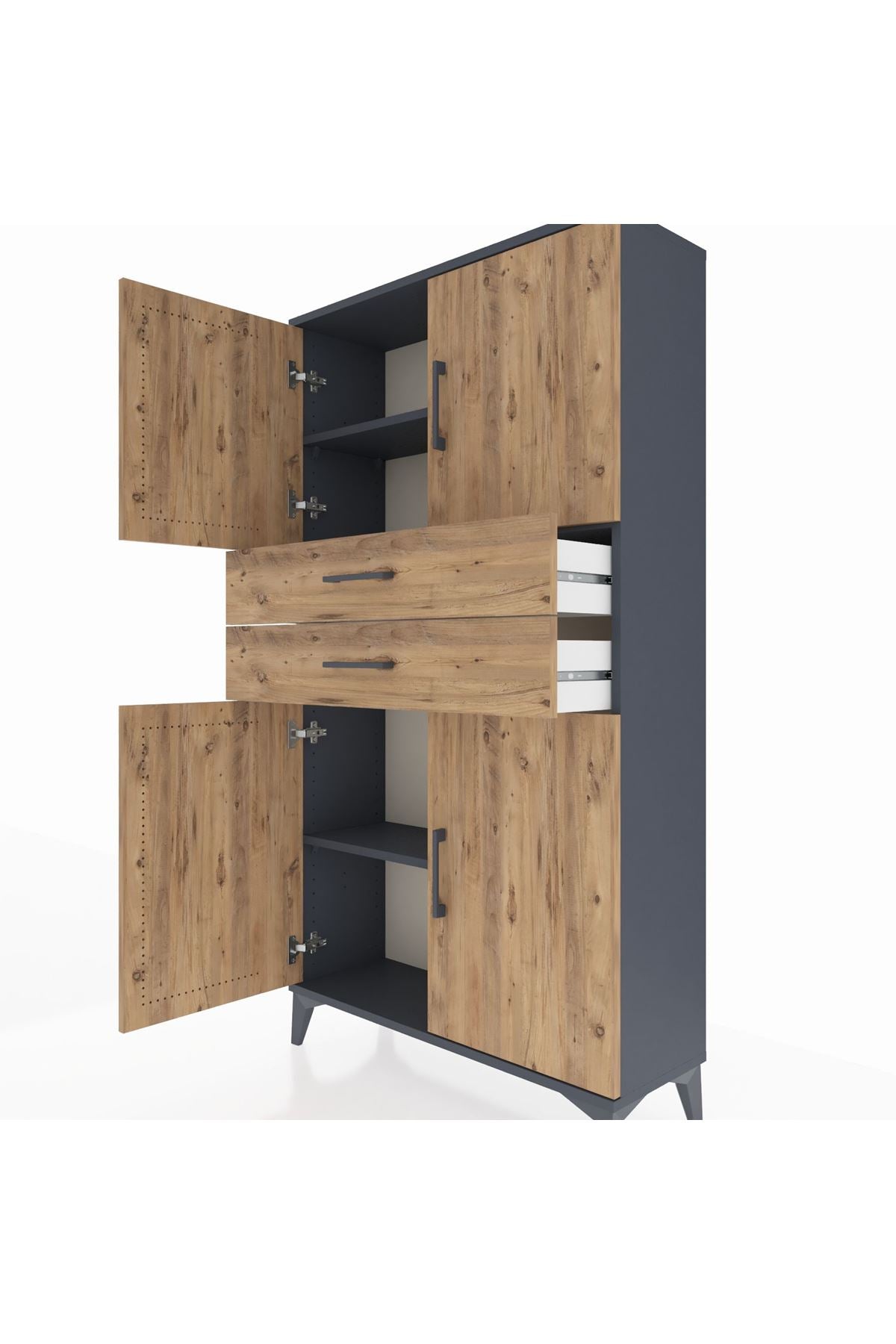 Arges Dolap 3 Raflı 2 Çekmeceli 4 Kapaklı 88x30x163 Antrasit-Çam