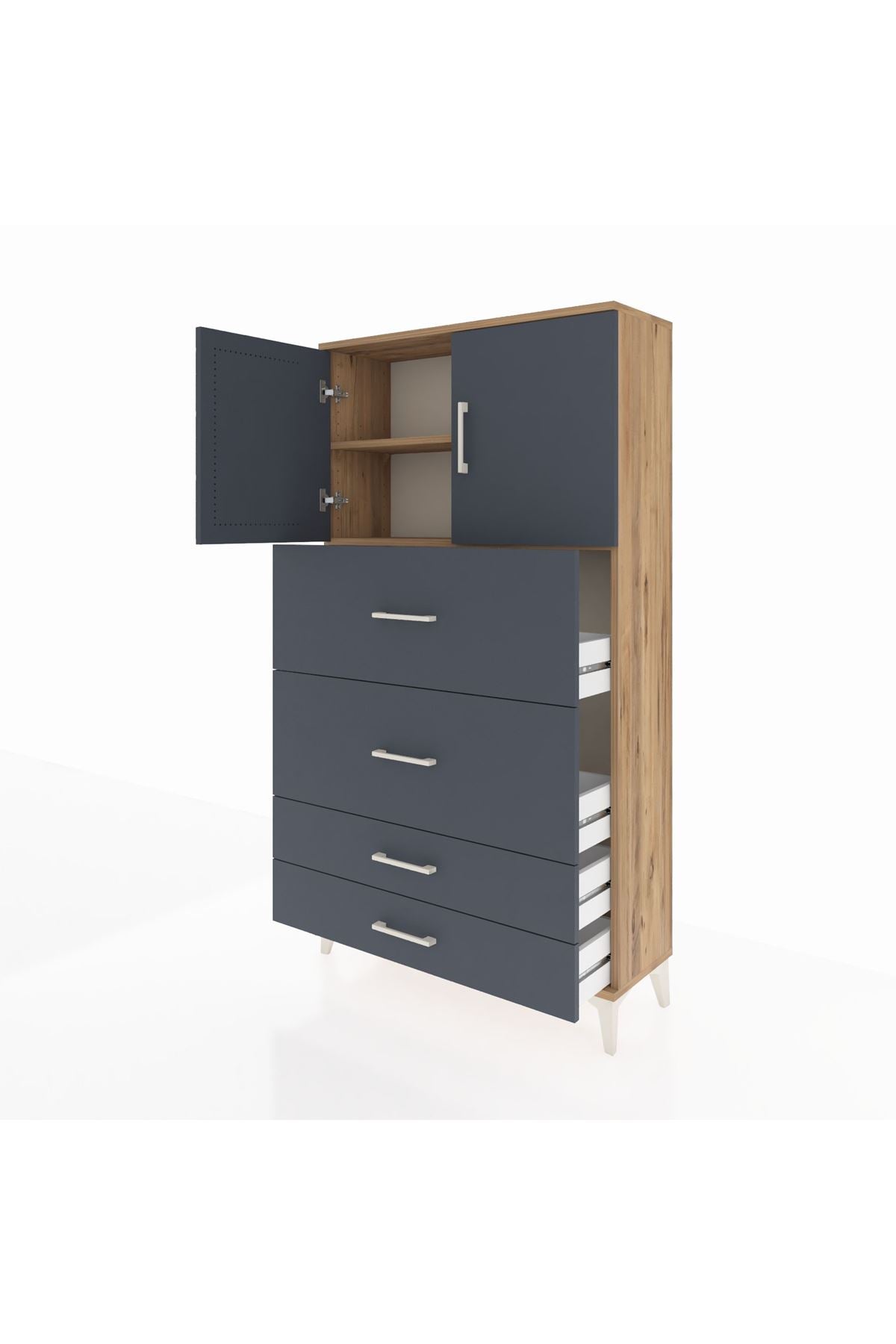 Arges Dolap 2 Raflı 4 Çekmeceli 2 Kapaklı 88x30x163 Çam-Antrasit