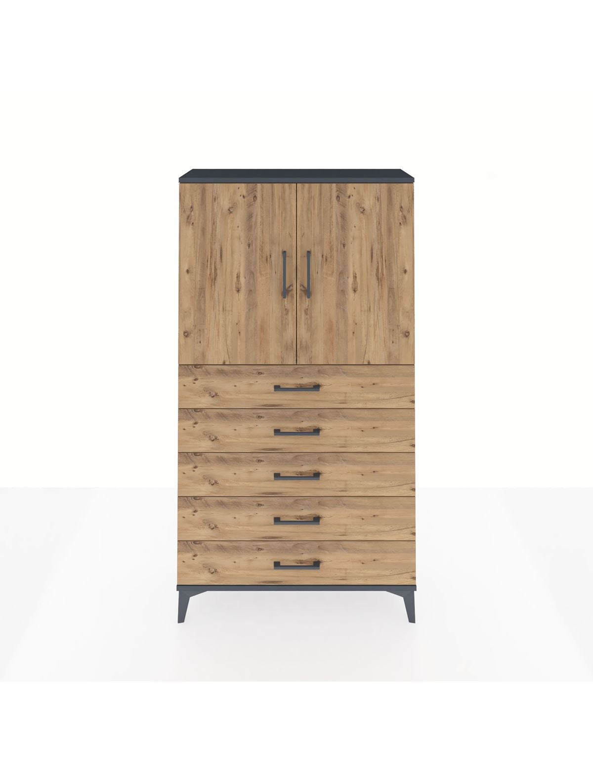 Arges Dolap 2 Raflı 5 Çekmeceli 2 Kapaklı 88x30x163 Antrasit-Çam