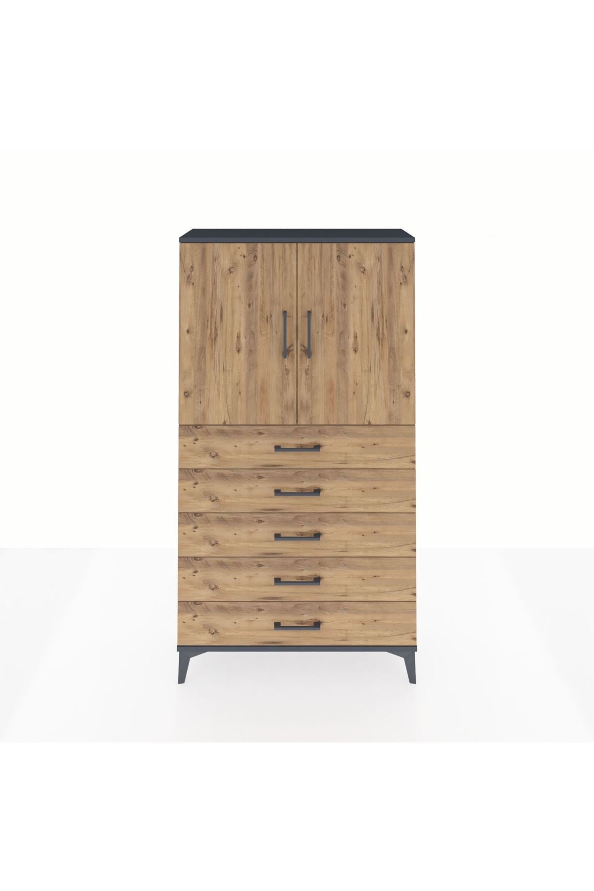 Arges Dolap 2 Raflı 5 Çekmeceli 2 Kapaklı 88x30x163 Antrasit-Çam