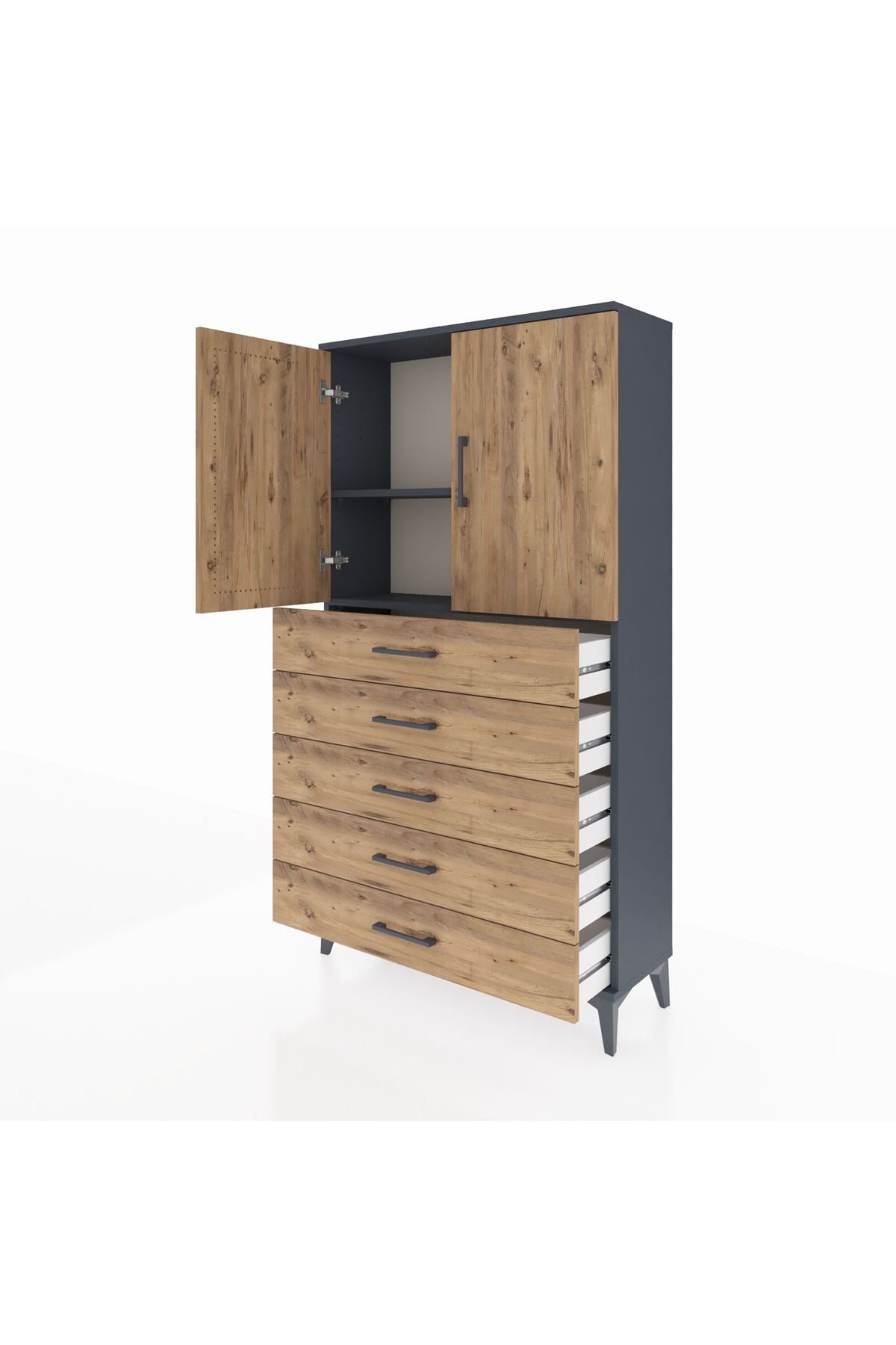 Arges Dolap 2 Raflı 5 Çekmeceli 2 Kapaklı 88x30x163 Antrasit-Çam