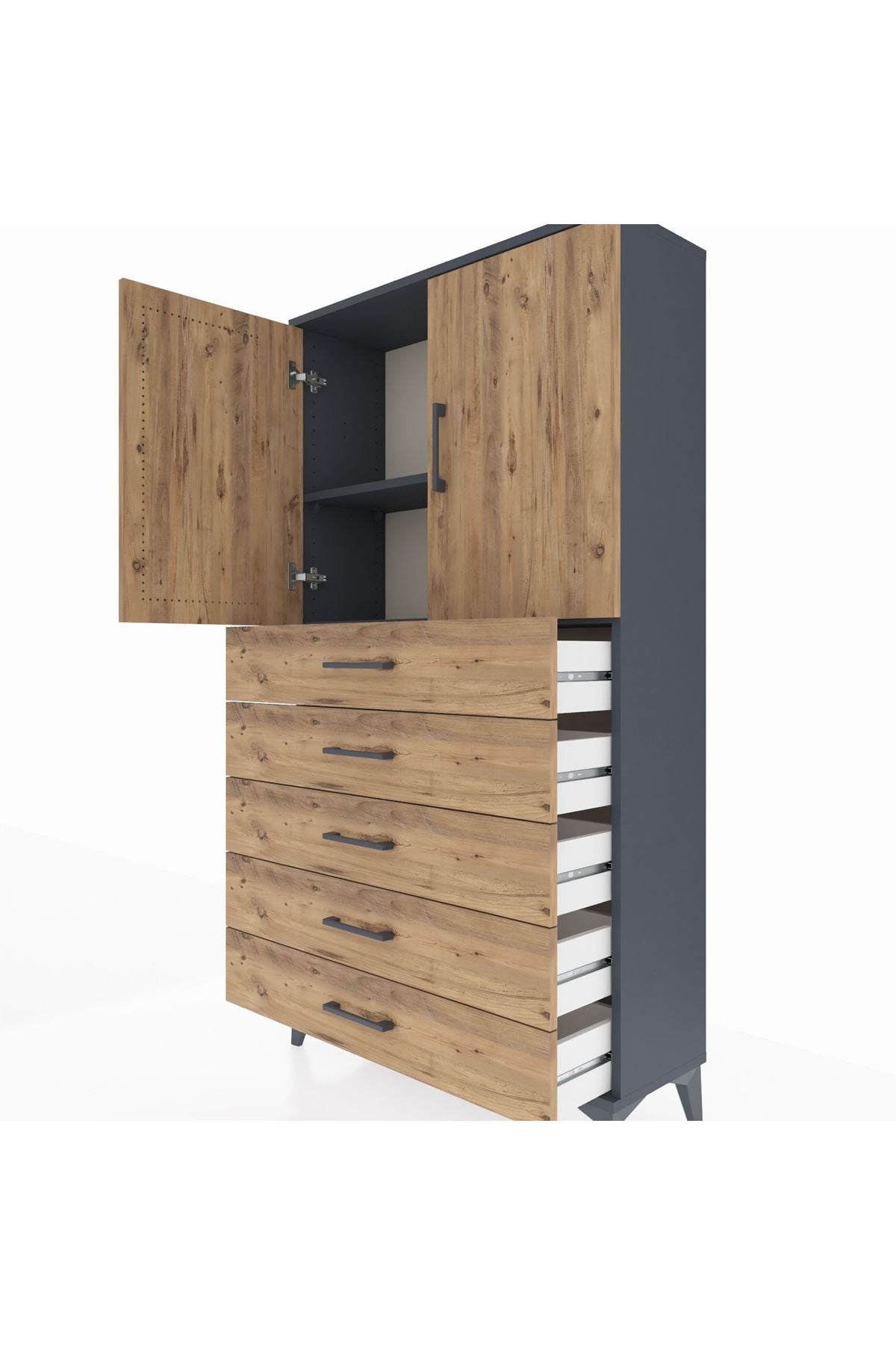 Arges Dolap 2 Raflı 5 Çekmeceli 2 Kapaklı 88x30x163 Antrasit-Çam