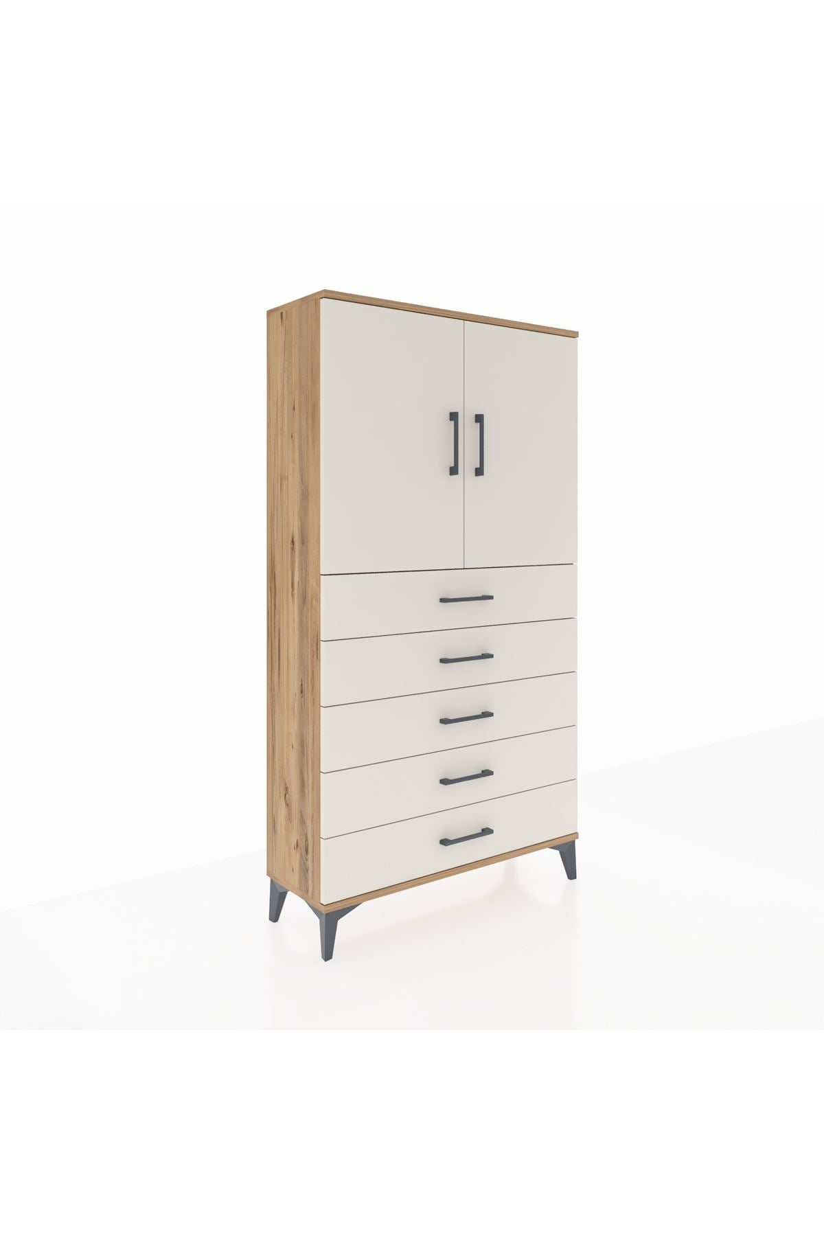 Arges Dolap 2 Raflı 5 Çekmeceli 2 Kapaklı 88x30x163 Çam-Aytaşı