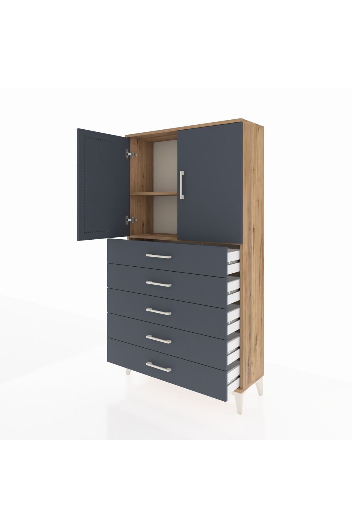 Arges Dolap 2 Raflı 5 Çekmeceli 2 Kapaklı 88x30x163 Çam-Antrasit