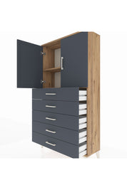Arges Dolap 2 Raflı 5 Çekmeceli 2 Kapaklı 88x30x163 Çam-Antrasit