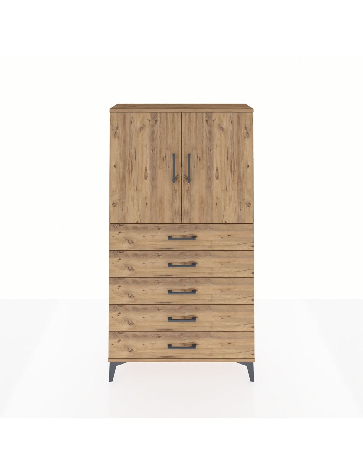 Arges Dolap 2 Raflı 5 Çekmeceli 2 Kapaklı 88x30x163 Çam-Çam