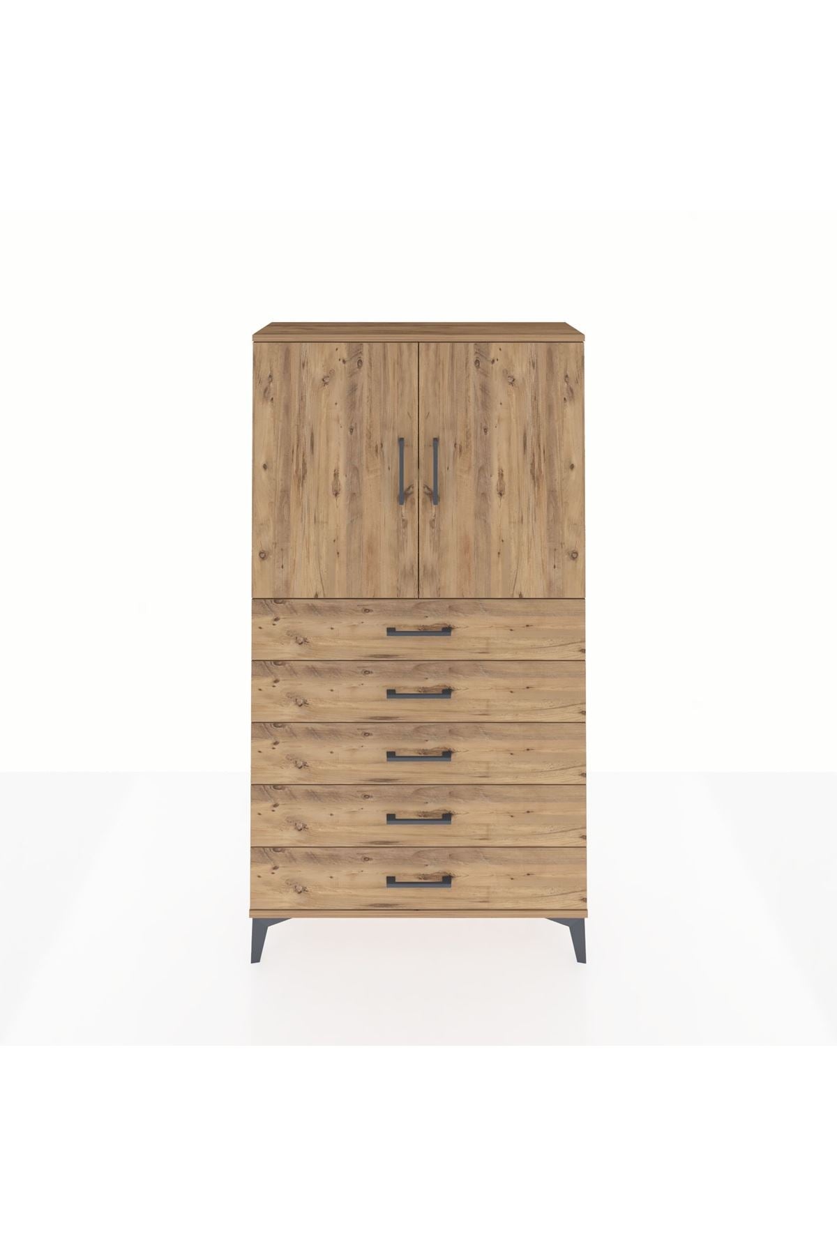 Arges Dolap 2 Raflı 5 Çekmeceli 2 Kapaklı 88x30x163 Çam-Çam