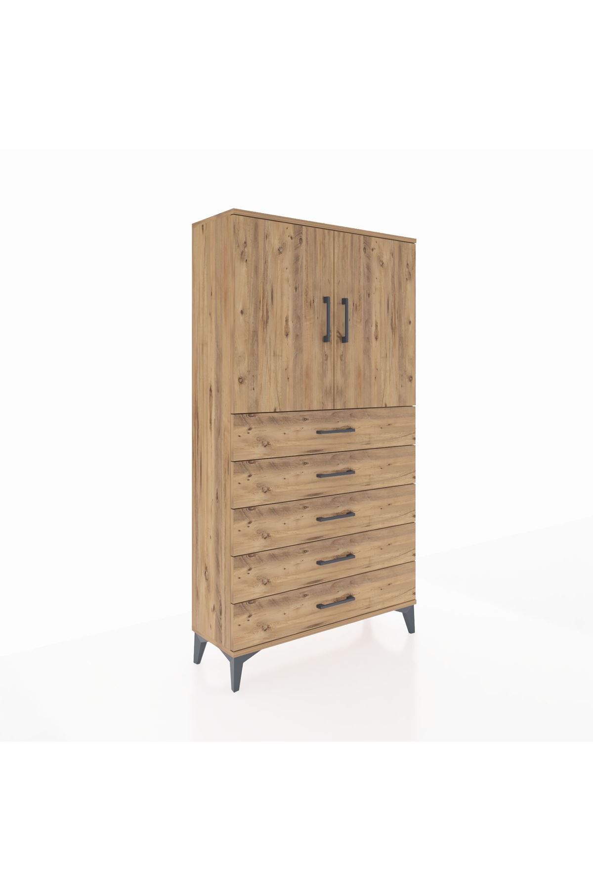 Arges Dolap 2 Raflı 5 Çekmeceli 2 Kapaklı 88x30x163 Çam-Çam