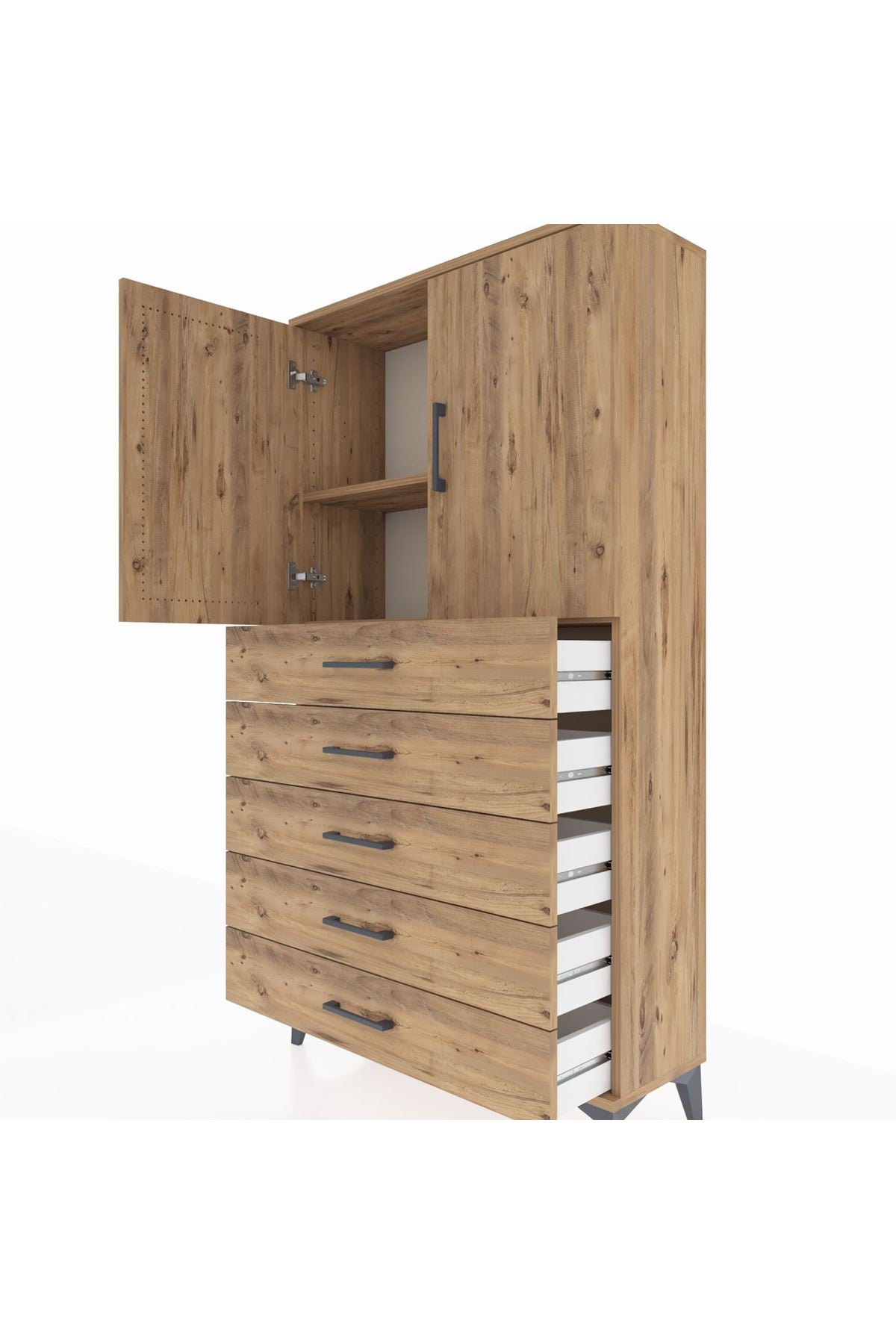 Arges Dolap 2 Raflı 5 Çekmeceli 2 Kapaklı 88x30x163 Çam-Çam