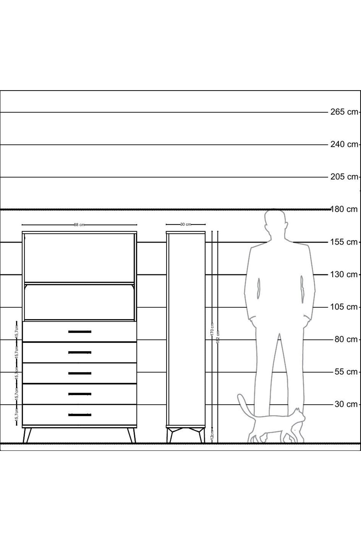 Arges Dolap 2 Raflı 5 Çekmeceli 88x30x163 Çam-Antrasit