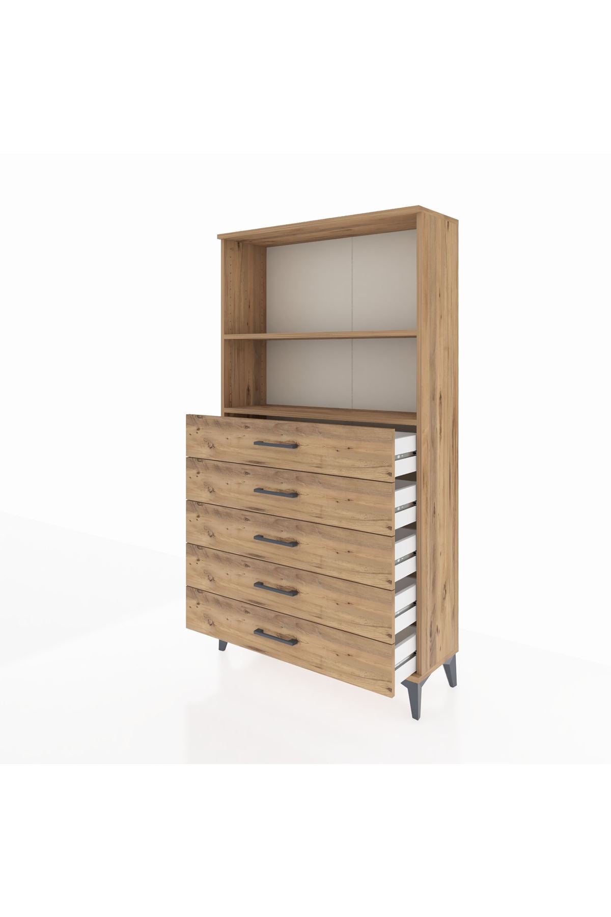 Arges Dolap 2 Raflı 5 Çekmeceli 88x30x163 Çam-Çam