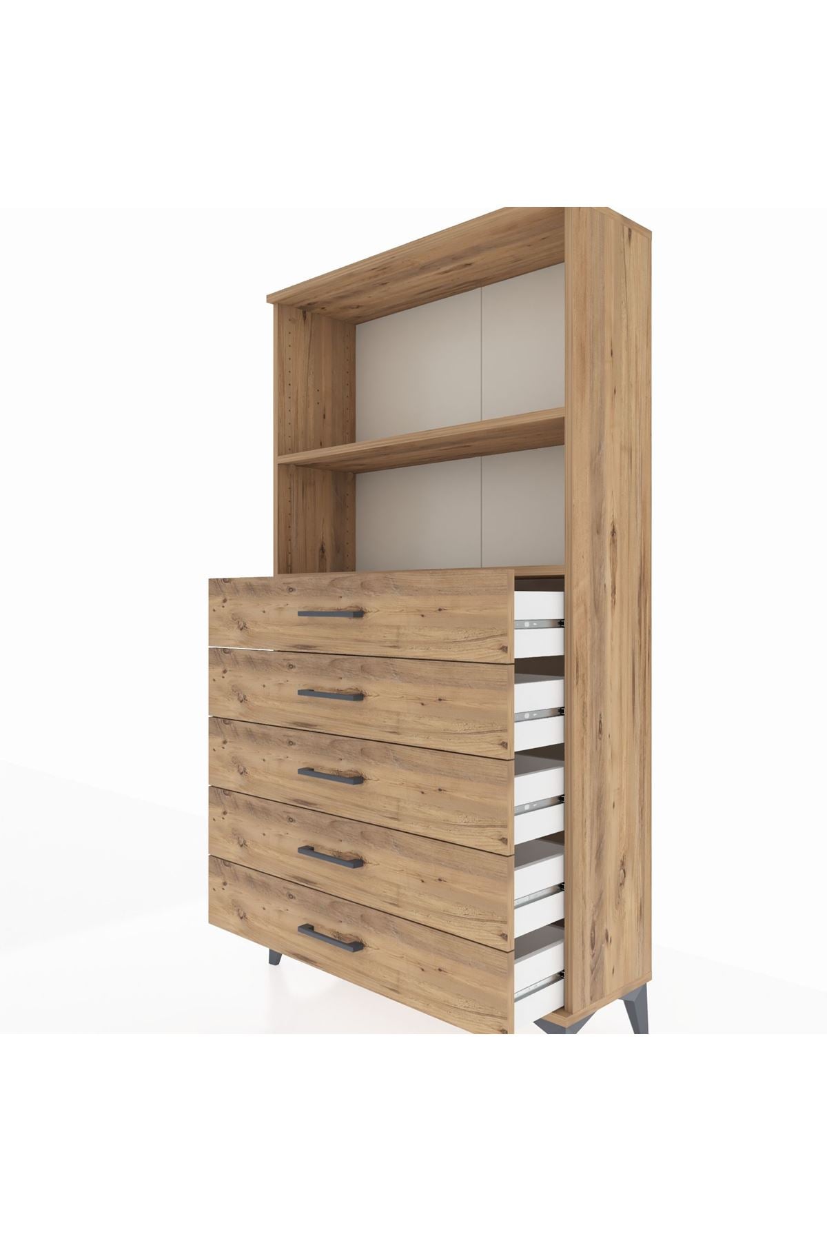 Arges Dolap 2 Raflı 5 Çekmeceli 88x30x163 Çam-Çam