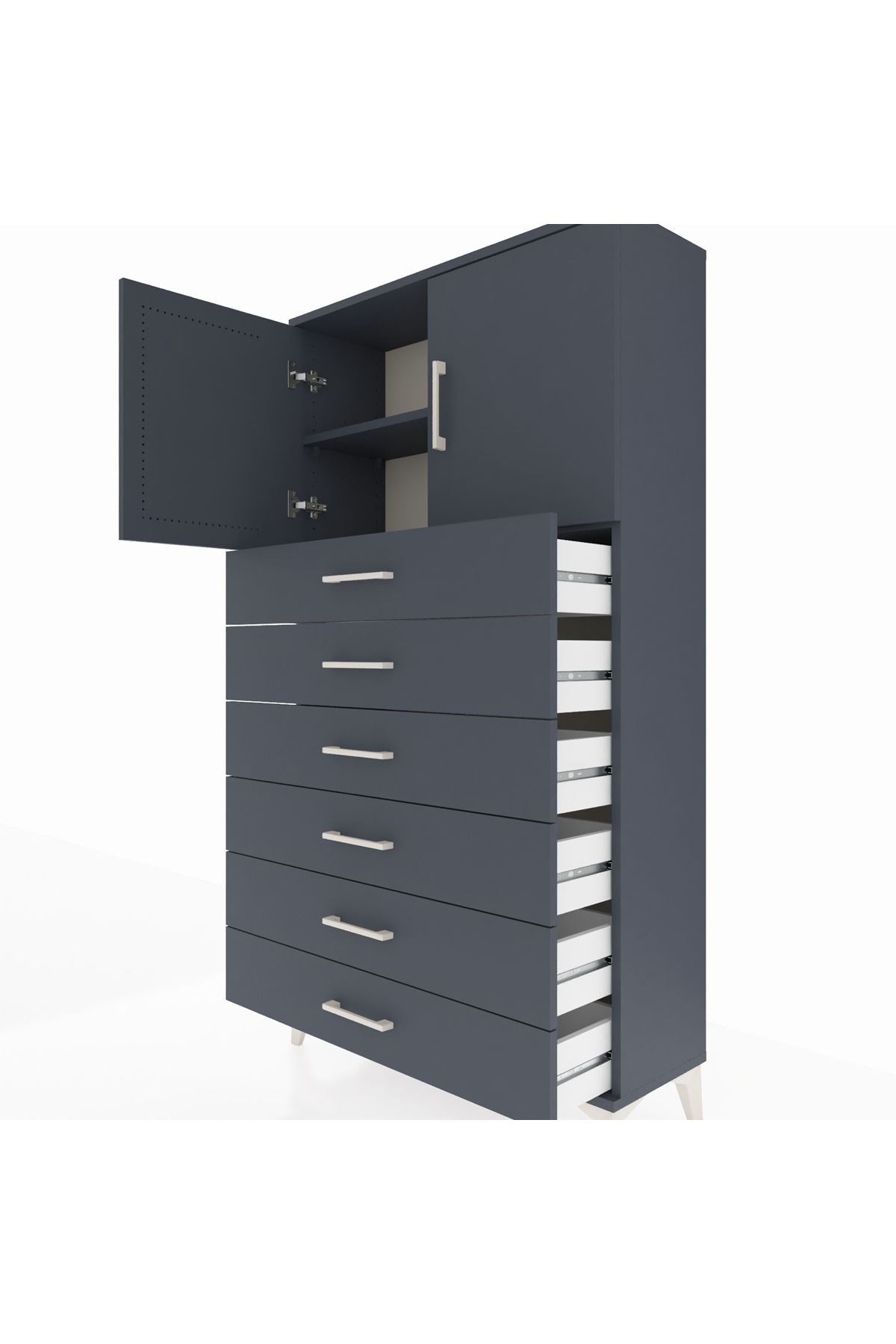 Arges Dolap 2 Raflı 6 Çekmeceli 2 Kapaklı 88x30x163 Antrasit-Antrasit