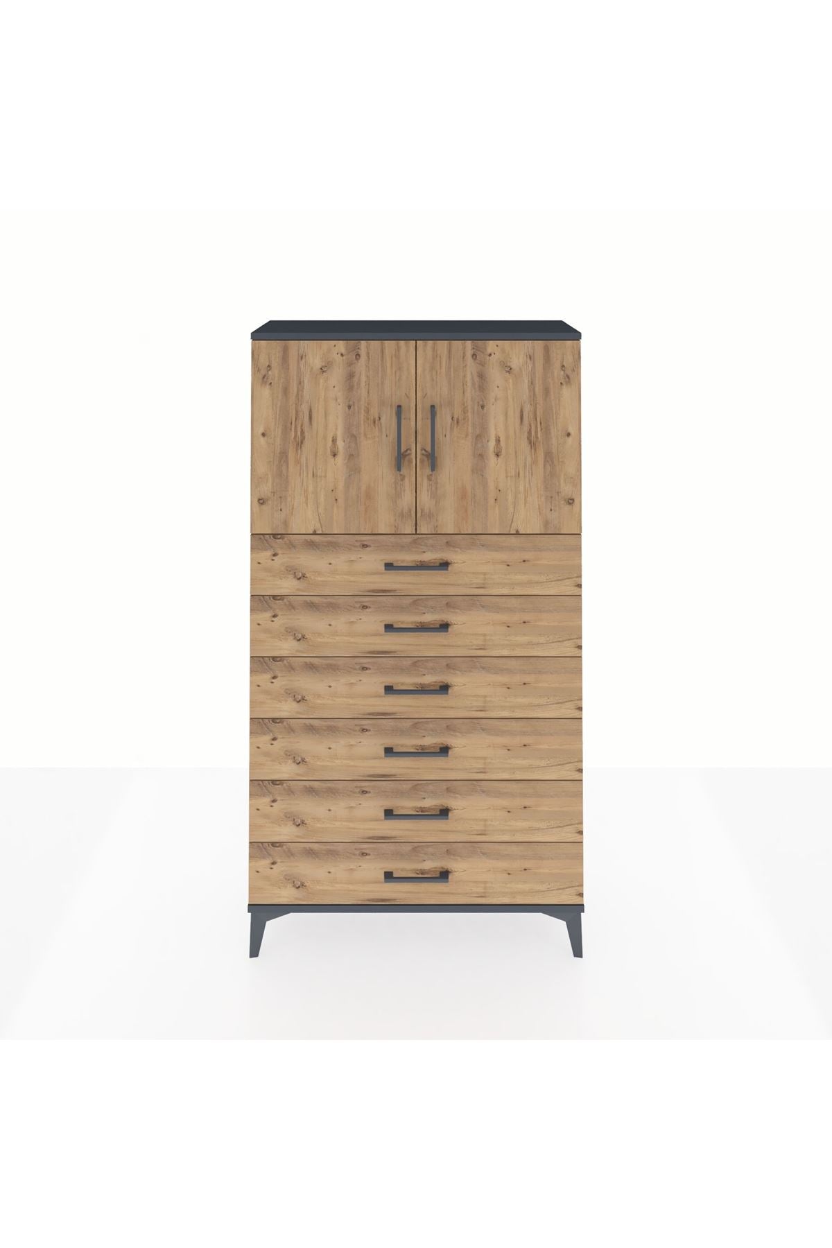 Arges Dolap 2 Raflı 6 Çekmeceli 2 Kapaklı 88x30x163 Antrasit-Çam