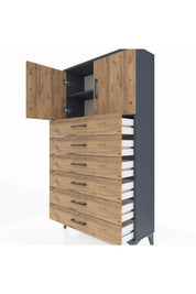 Arges Dolap 2 Raflı 6 Çekmeceli 2 Kapaklı 88x30x163 Antrasit-Çam