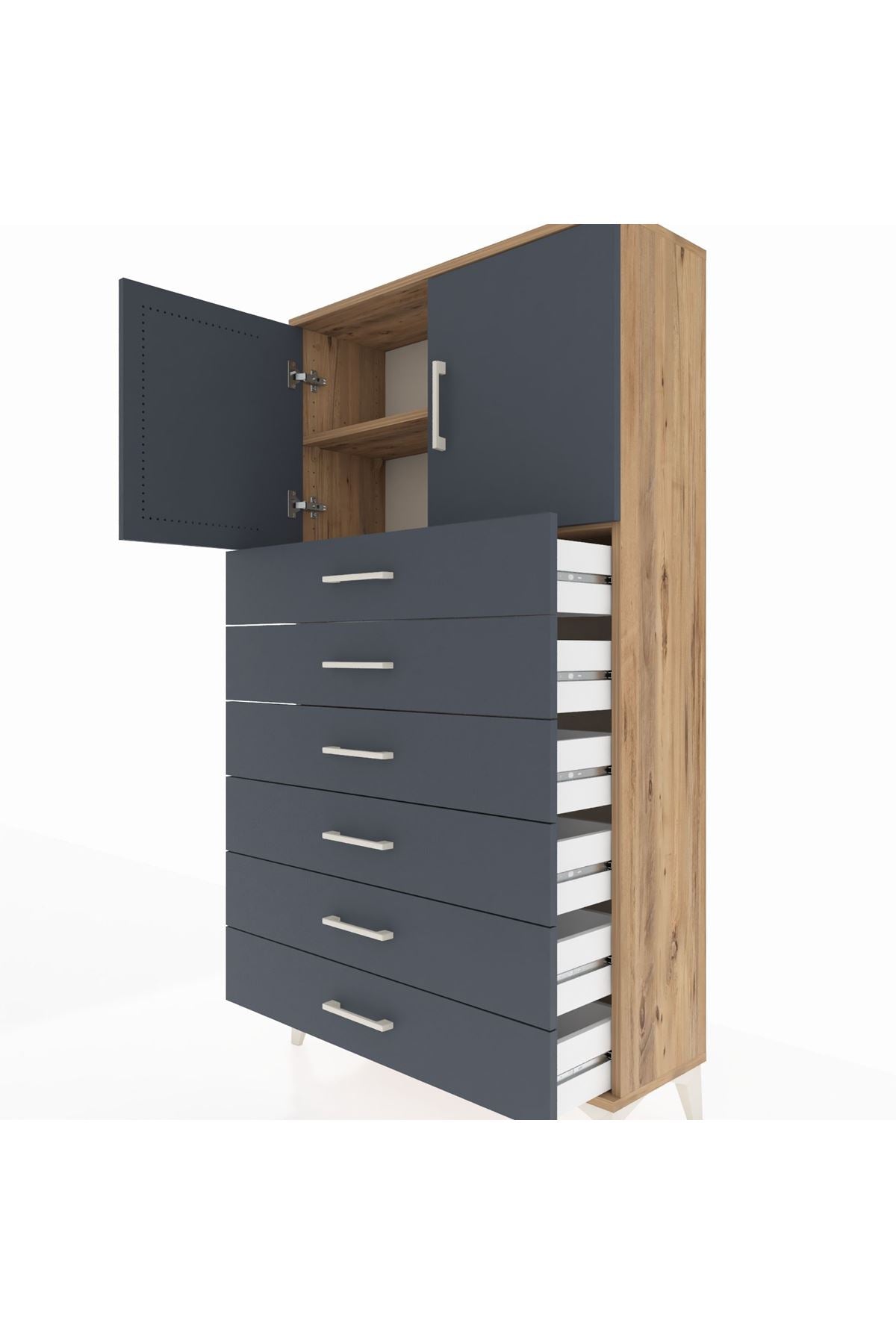 Arges Dolap 2 Raflı 6 Çekmeceli 2 Kapaklı 88x30x163 Çam-Antrasit