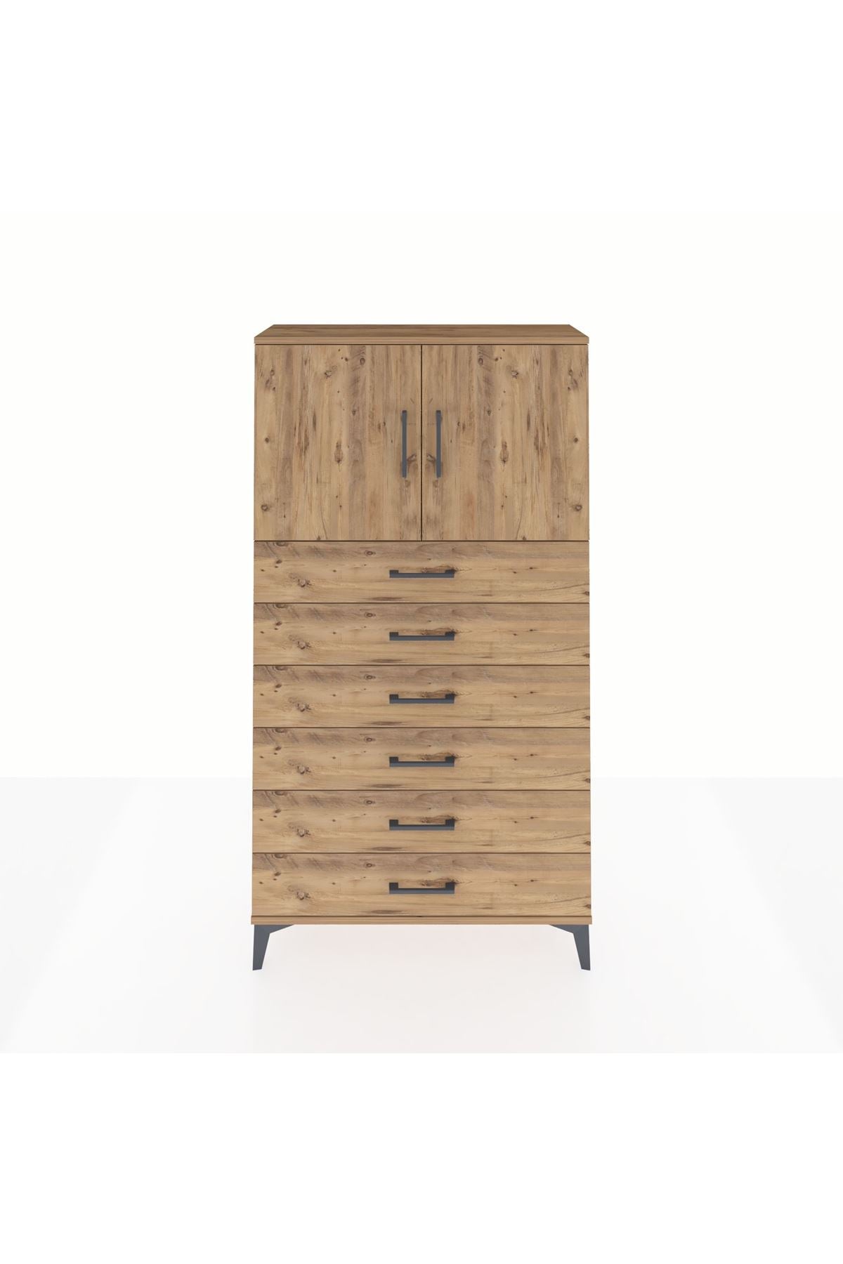 Arges Dolap 2 Raflı 6 Çekmeceli 2 Kapaklı 88x30x163 Çam-Çam