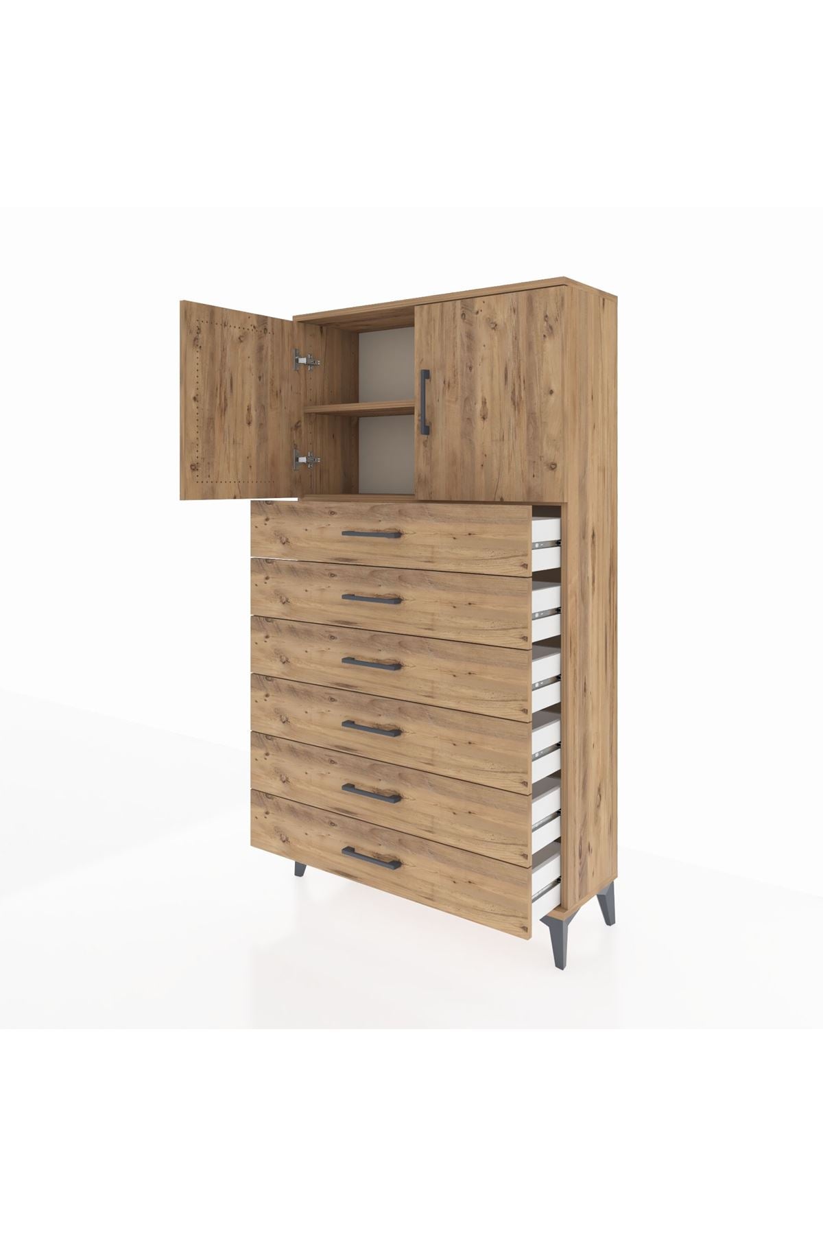 Arges Dolap 2 Raflı 6 Çekmeceli 2 Kapaklı 88x30x163 Çam-Çam