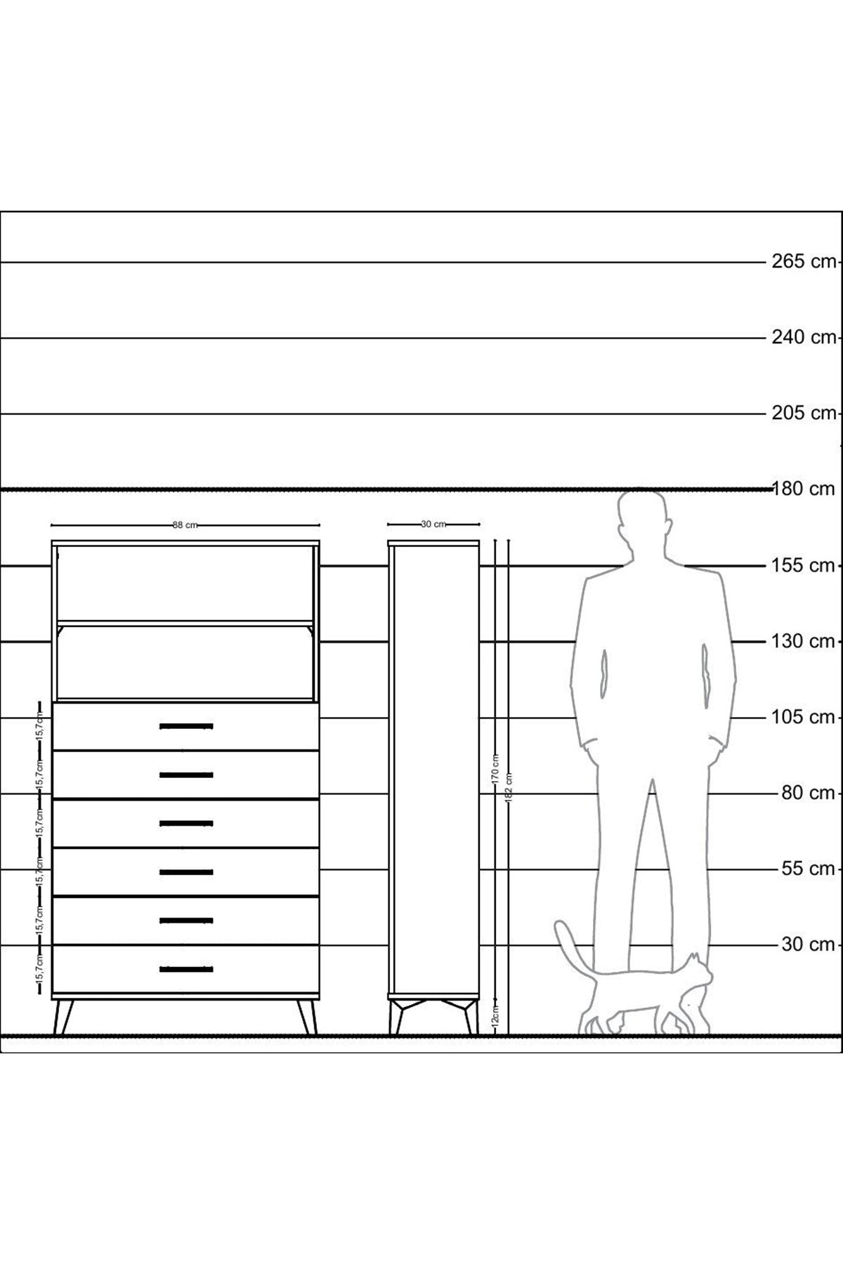 Arges Dolap 2 Raflı 6 Çekmeceli 88x30x163 Çam-Antrasit