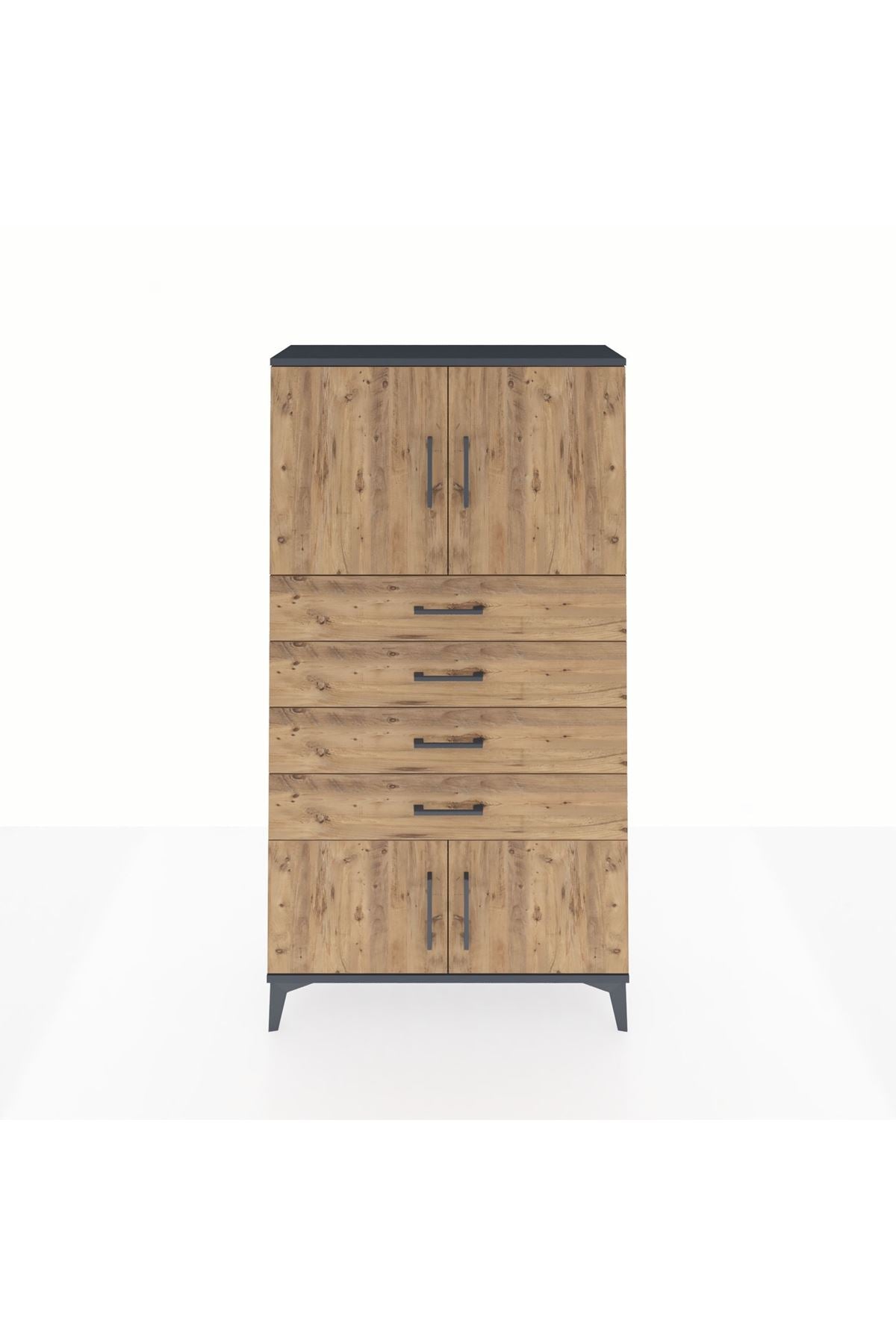 Arges Dolap 2 Raflı 4 Çekmeceli 4 Kapaklı 88x30x163 Antrasit-Çam