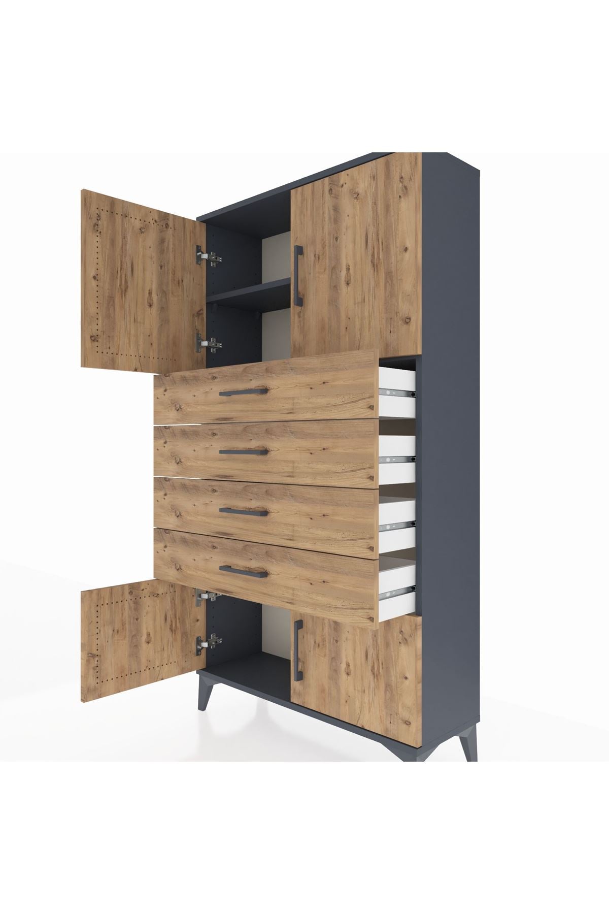 Arges Dolap 2 Raflı 4 Çekmeceli 4 Kapaklı 88x30x163 Antrasit-Çam