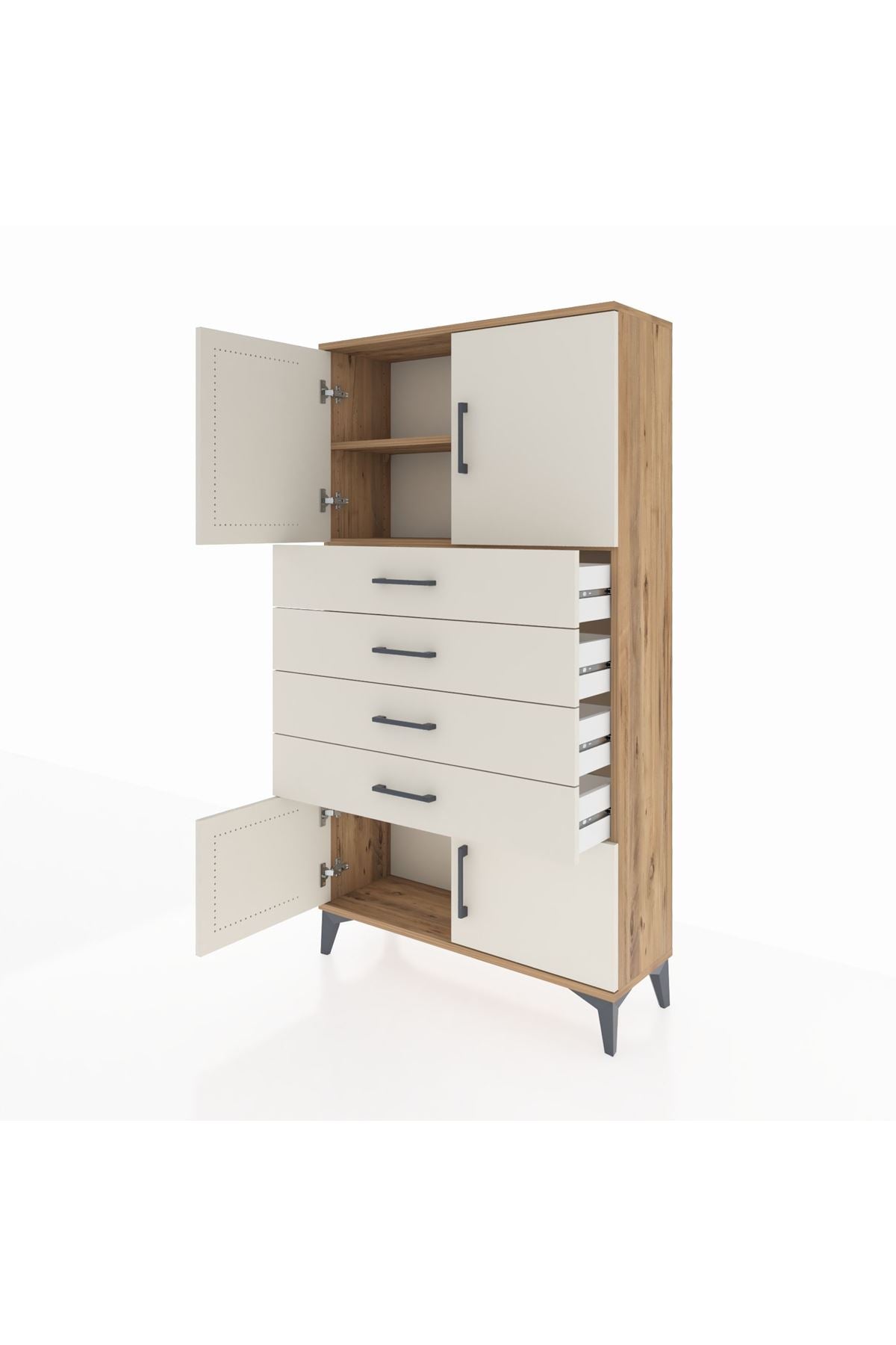 Arges Dolap 2 Raflı 4 Çekmeceli 4 Kapaklı 88x30x163 Çam-Aytaşı