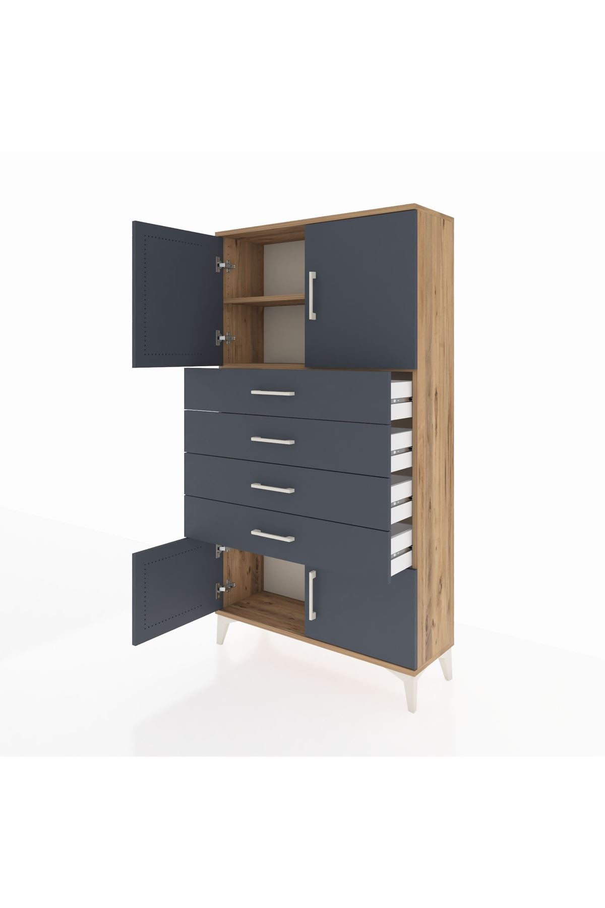 Arges Dolap 2 Raflı 4 Çekmeceli 4 Kapaklı 88x30x163 Çam-Antrasit