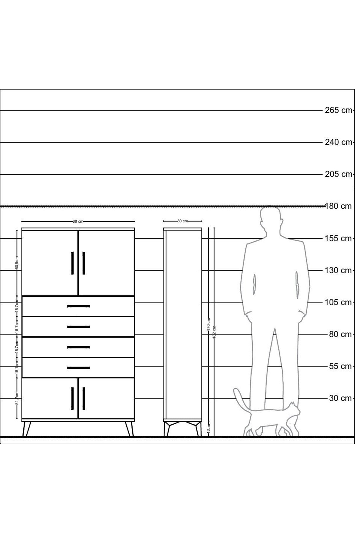 Arges Dolap 2 Raflı 4 Çekmeceli 4 Kapaklı 88x30x163 Çam-Antrasit
