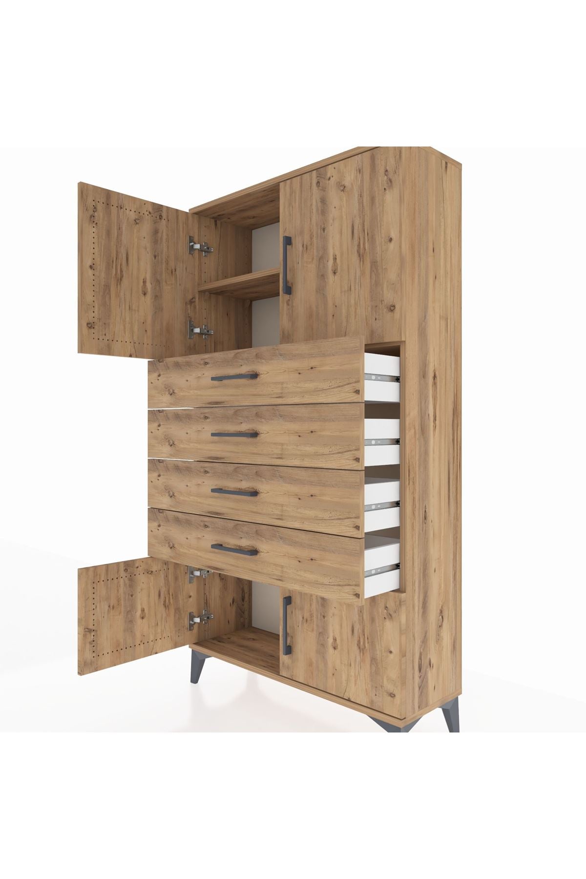 Arges Dolap 2 Raflı 4 Çekmeceli 4 Kapaklı 88x30x163 Çam-Çam