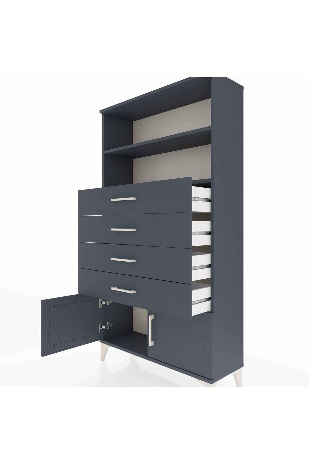 Arges Dolap 2 Raflı 4 Çekmeceli 2 Kapaklı 88x30x163 Antrasit-Antrasit