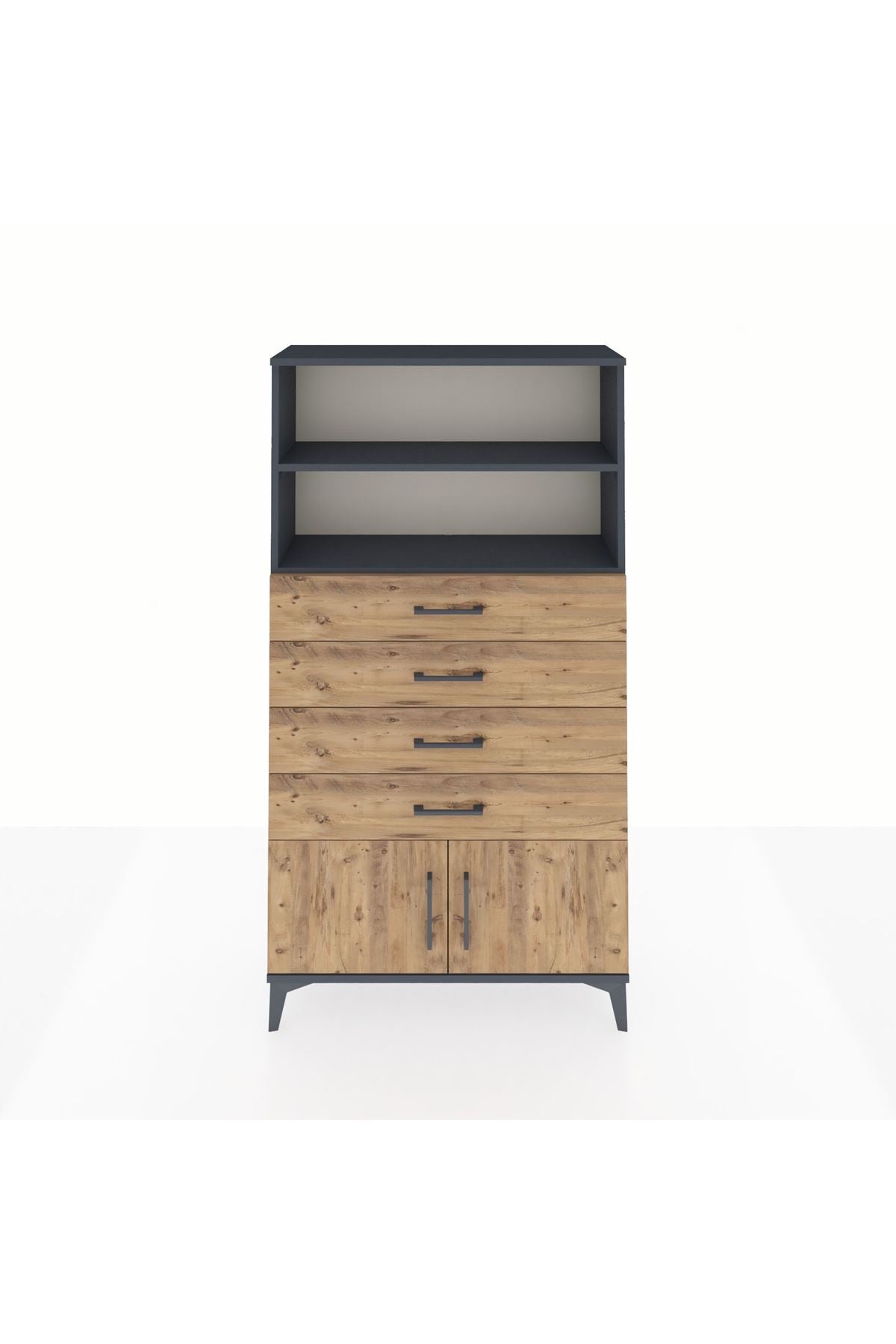 Arges Dolap 2 Raflı 4 Çekmeceli 2 Kapaklı 88x30x163 Antrasit-Çam