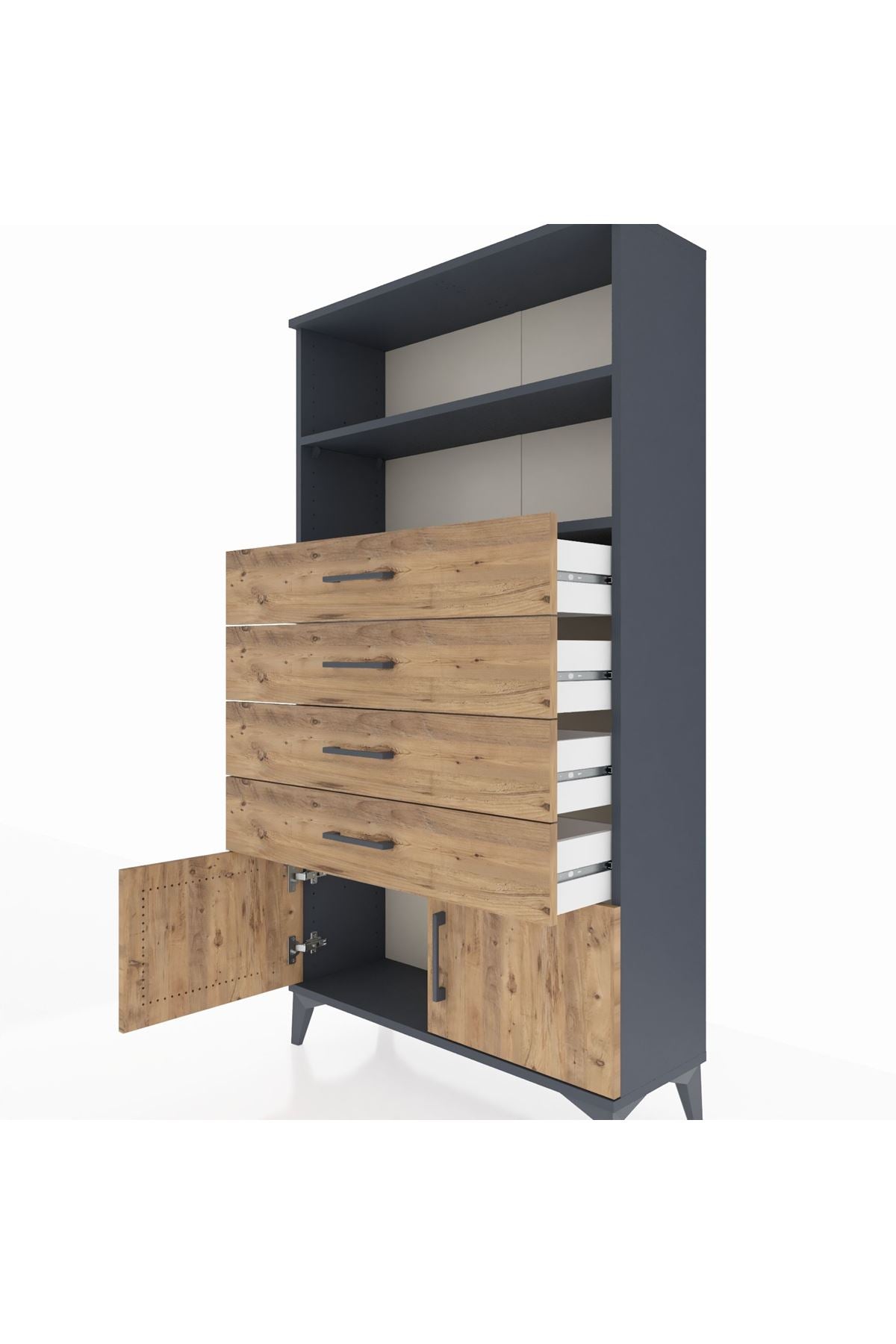 Arges Dolap 2 Raflı 4 Çekmeceli 2 Kapaklı 88x30x163 Antrasit-Çam