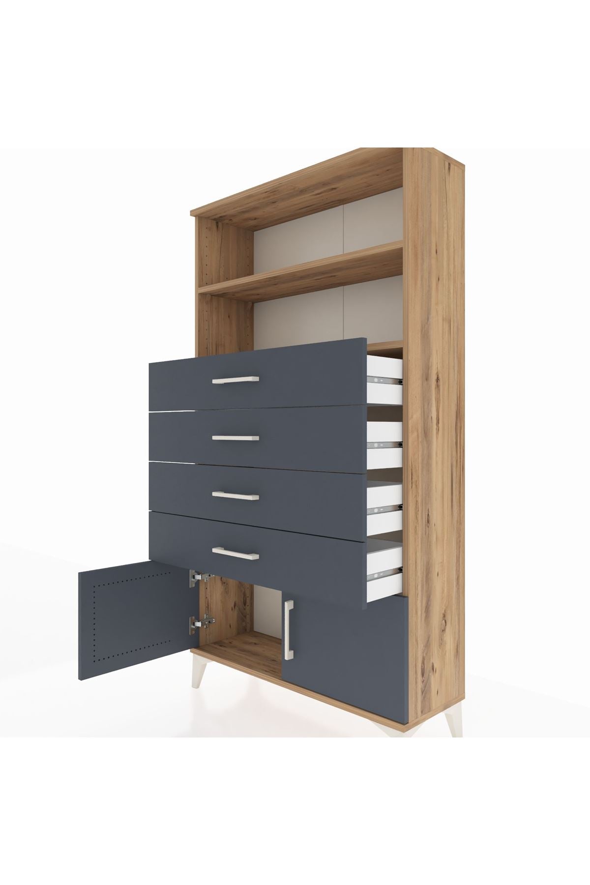 Arges Dolap 2 Raflı 4 Çekmeceli 2 Kapaklı 88x30x163 Çam-Antrasit