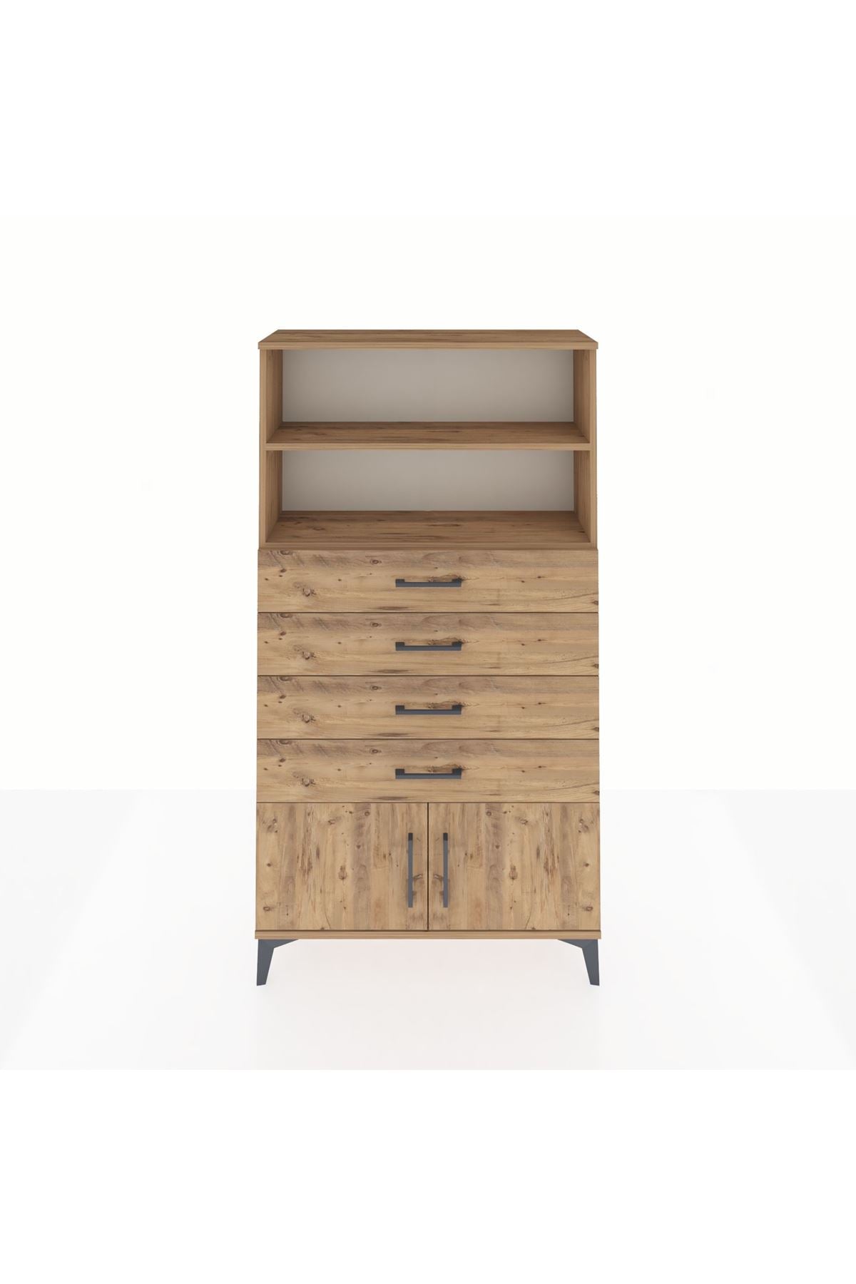 Arges Dolap 2 Raflı 4 Çekmeceli 2 Kapaklı 88x30x163 Çam-Çam