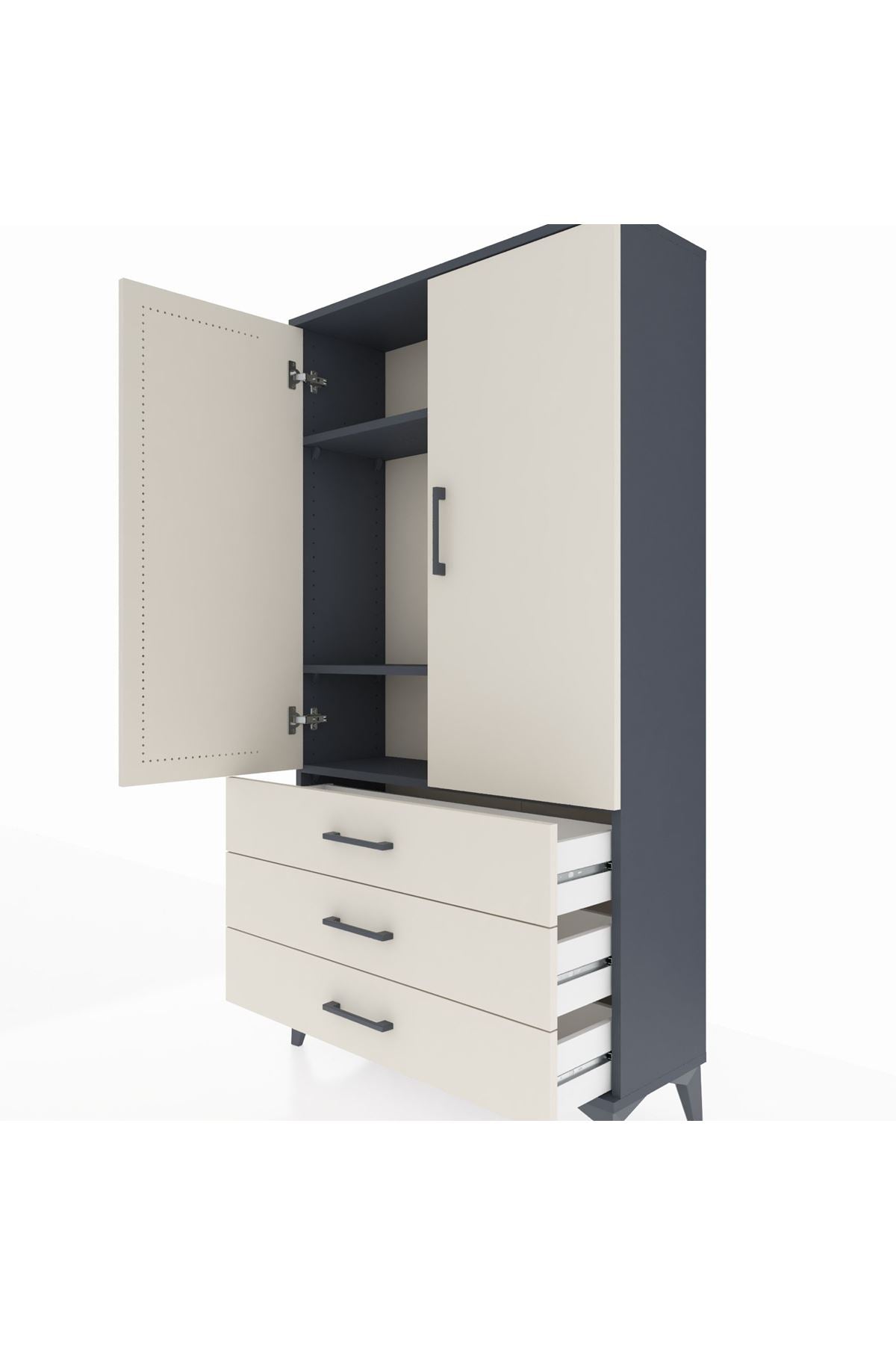 Arges Dolap 3 Raflı 3 Çekmeceli 2 Kapaklı 88x30x163 Antrasit-Aytaşı