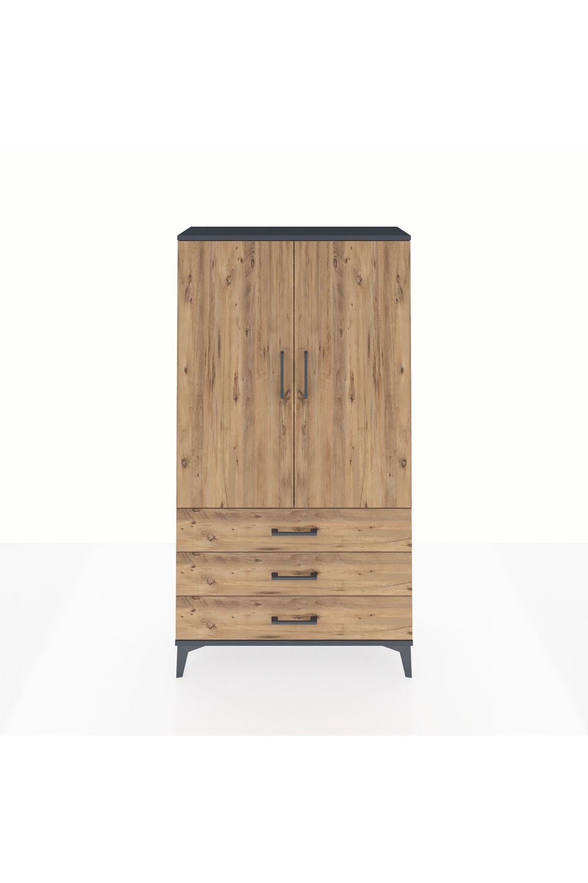 Arges Dolap 3 Raflı 3 Çekmeceli 2 Kapaklı 88x30x163 Antrasit-Çam