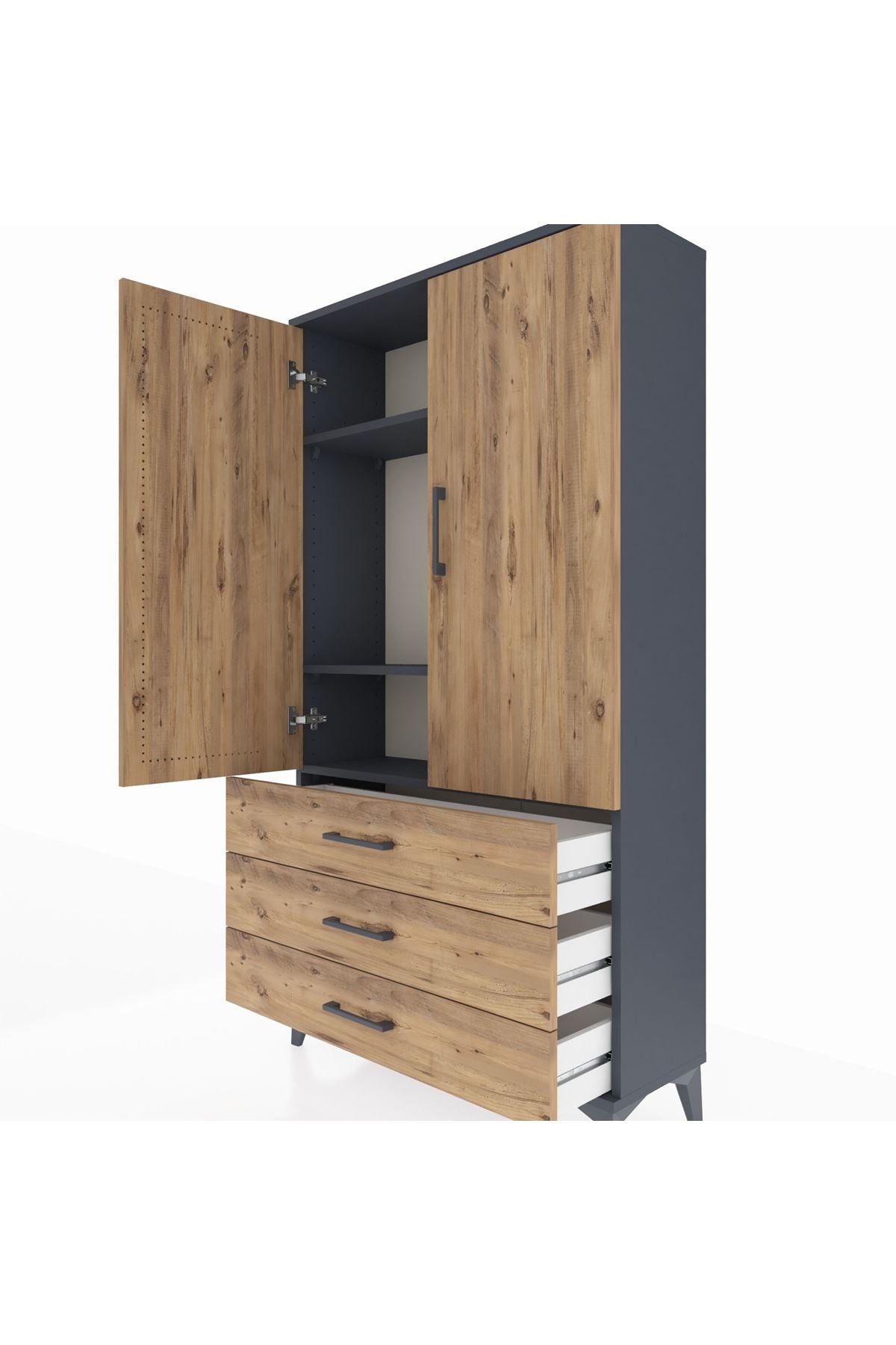 Arges Dolap 3 Raflı 3 Çekmeceli 2 Kapaklı 88x30x163 Antrasit-Çam