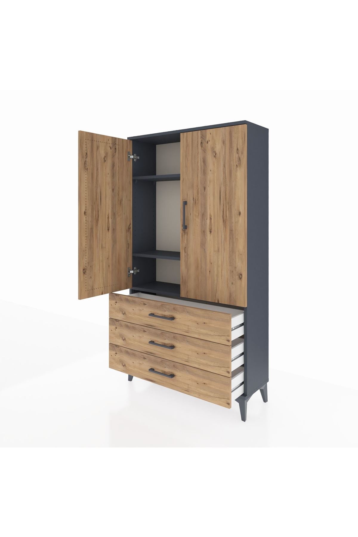 Arges Dolap 3 Raflı 3 Çekmeceli 2 Kapaklı 88x30x163 Antrasit-Çam