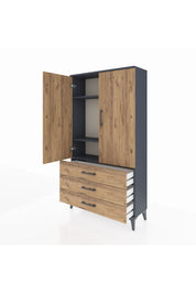 Arges Dolap 3 Raflı 3 Çekmeceli 2 Kapaklı 88x30x163 Antrasit-Çam