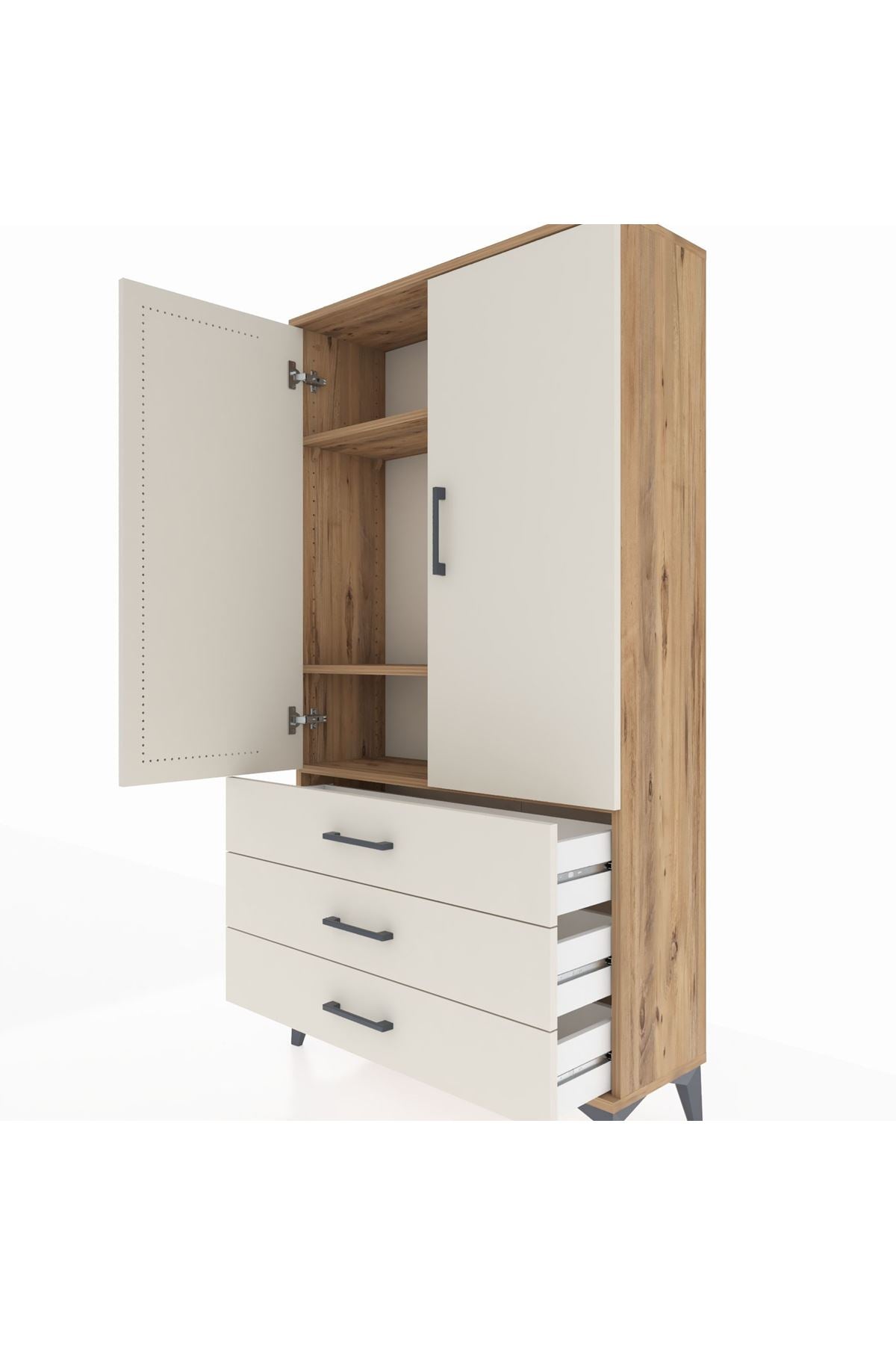 Arges Dolap 3 Raflı 3 Çekmeceli 2 Kapaklı 88x30x163 Çam-Aytaşı
