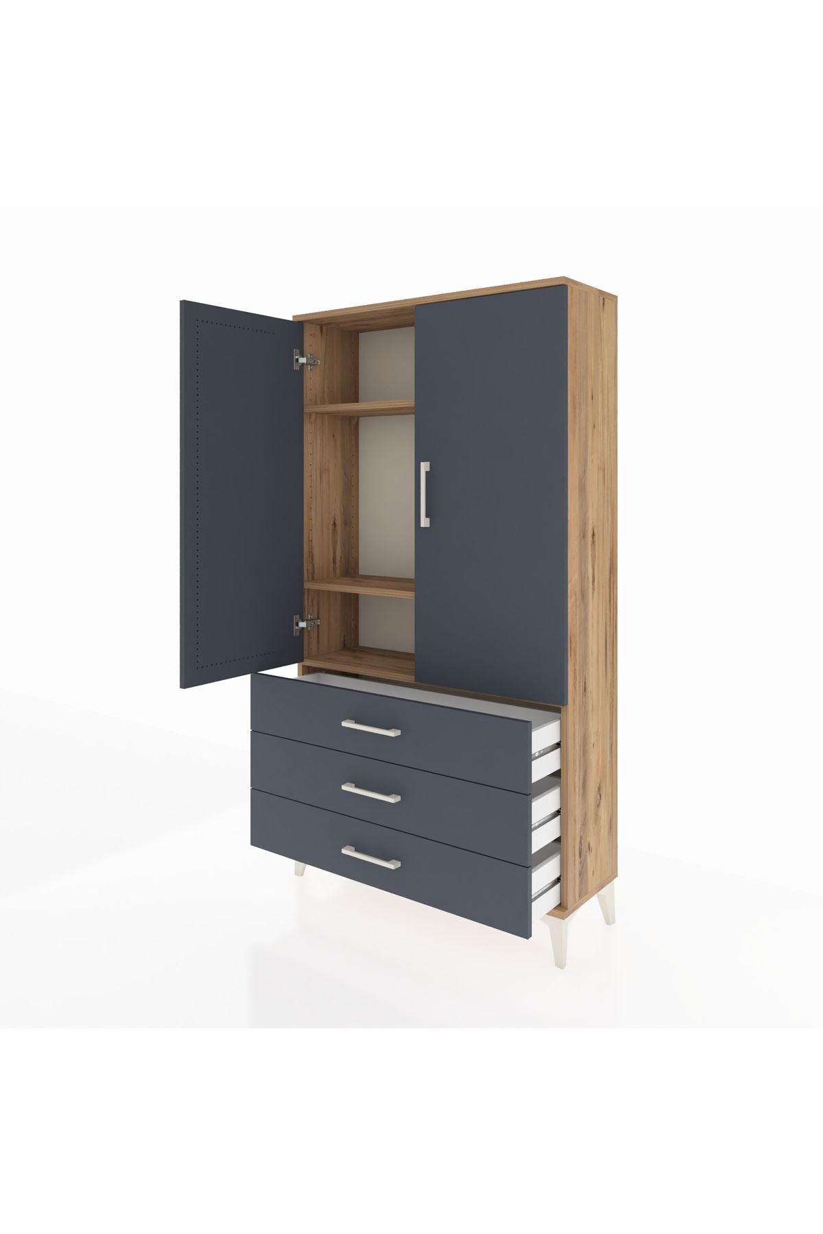 Arges Dolap 3 Raflı 3 Çekmeceli 2 Kapaklı 88x30x163 Çam-Antrasit