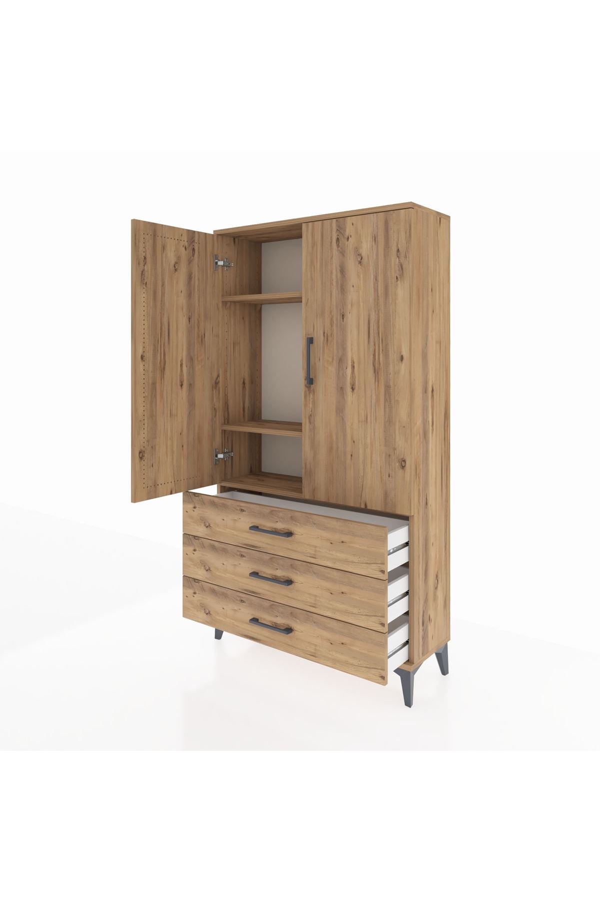 Arges Dolap 3 Raflı 3 Çekmeceli 2 Kapaklı 88x30x163 Çam-Çam