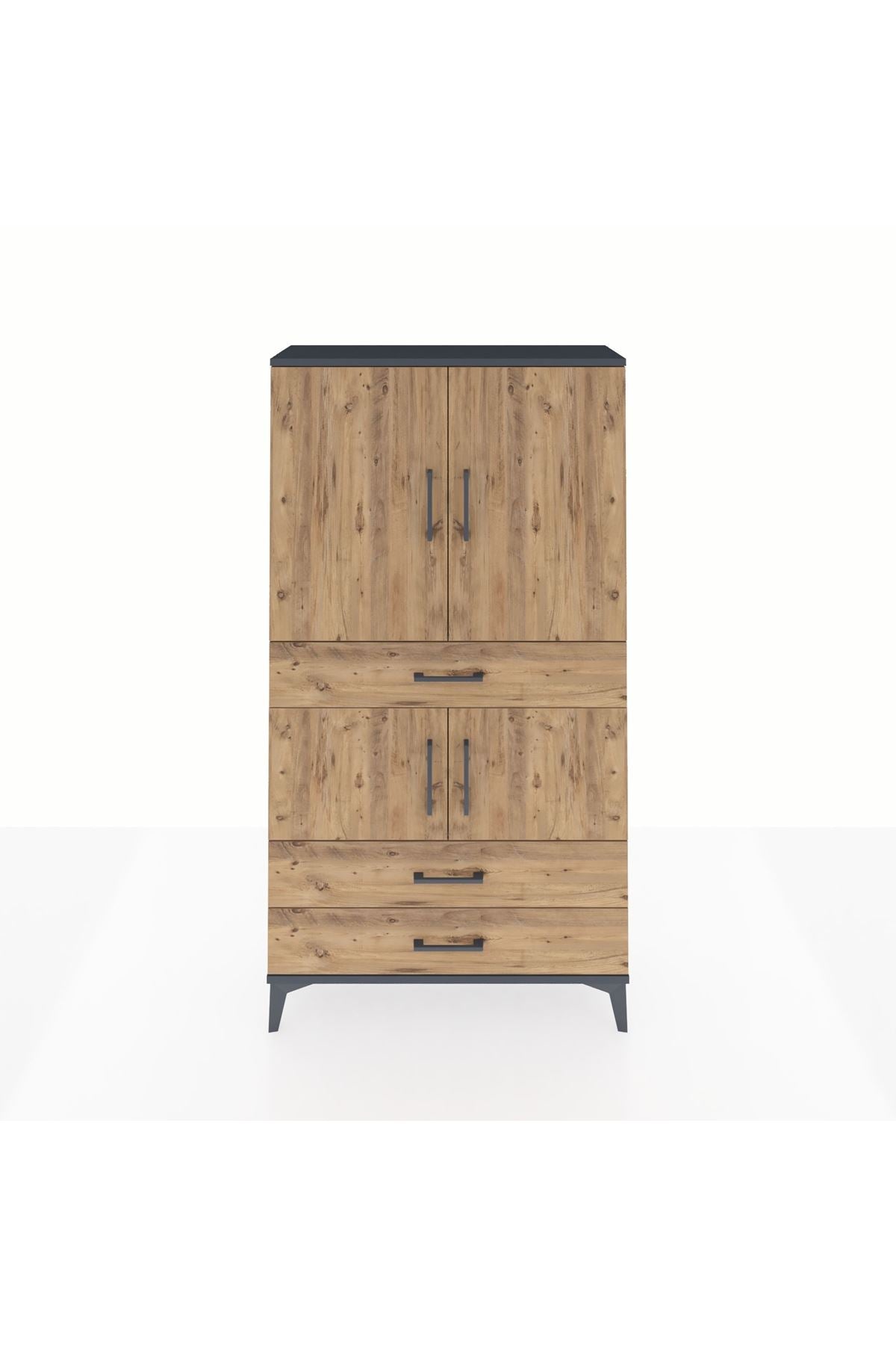 Arges Dolap 3 Raflı 3 Çekmeceli 4 Kapaklı 88x30x163 Antrasit-Çam